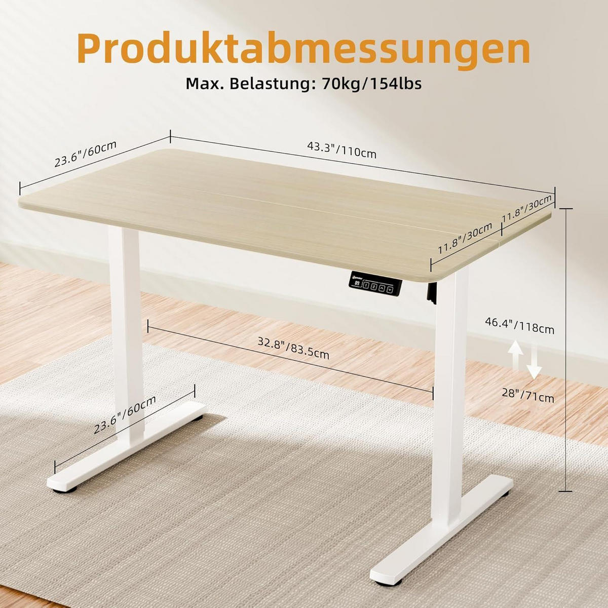 SCHREIBTISCH elektrisch höhenverstellbar 110 x 60 cm Eiche/Weiß - Multicolor, Holzwerkstoff (60/110/73cm)