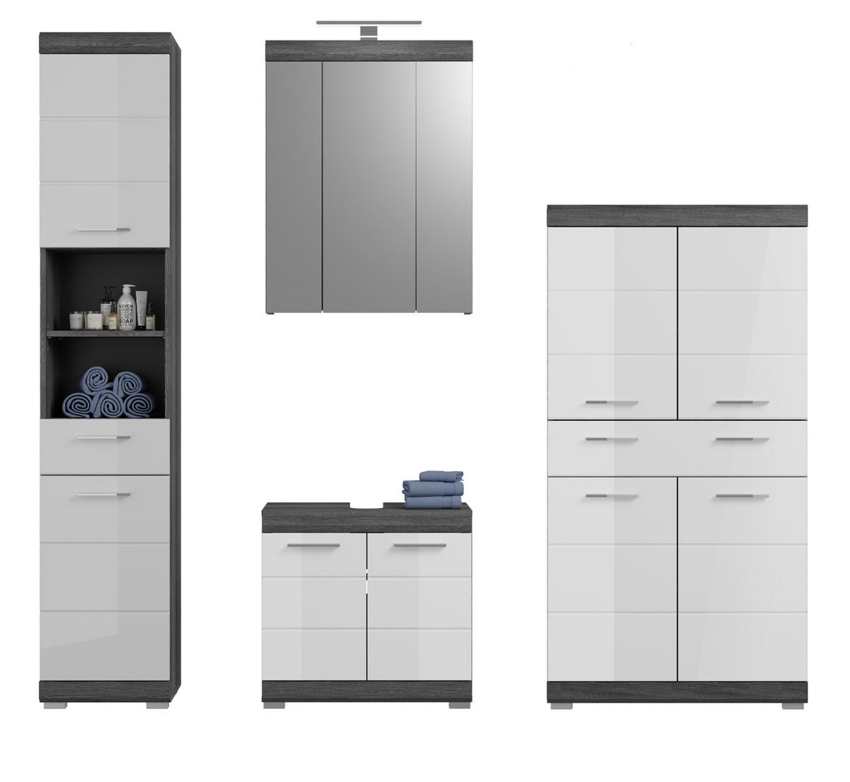 BADMÖBEL-SET weiß Hochglanz, grau 4-teilig 186 cm, Komplettset mit 31 Fächern - Weiß Hochglanz/Grau, Holzwerkstoff (186/191/34cm) - Inn.Furn