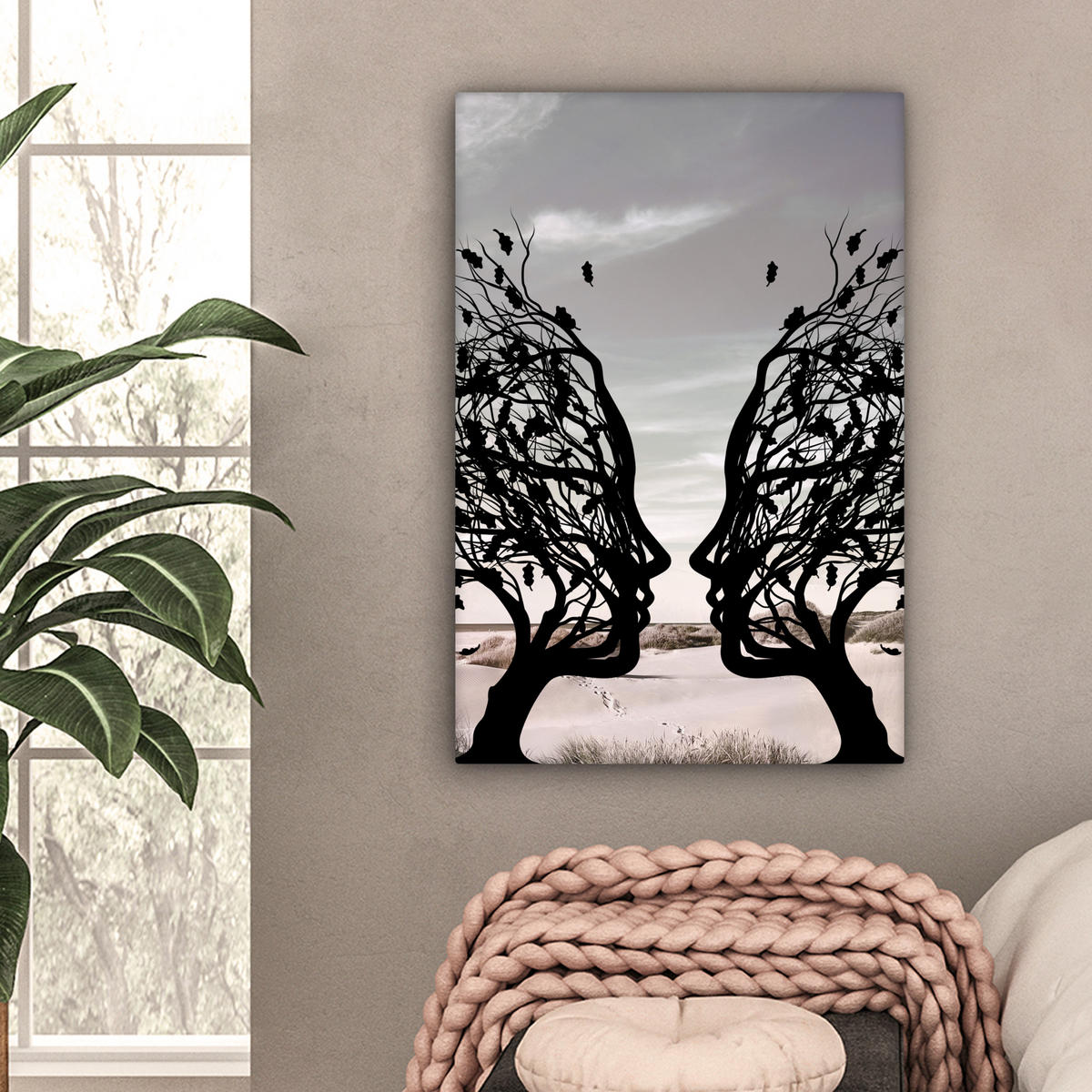 LEINWANDBILD Strand - Meer - Menschen - Baum - Moderne Kunst 60x90 cm - Hellgrau, Textil (60/90cm) - MuchoWow