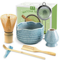 MATCHA Set 7-teilig Keramik Schale Bambus Besen Vintage Blau - Blau, Keramik (15/10/15cm)