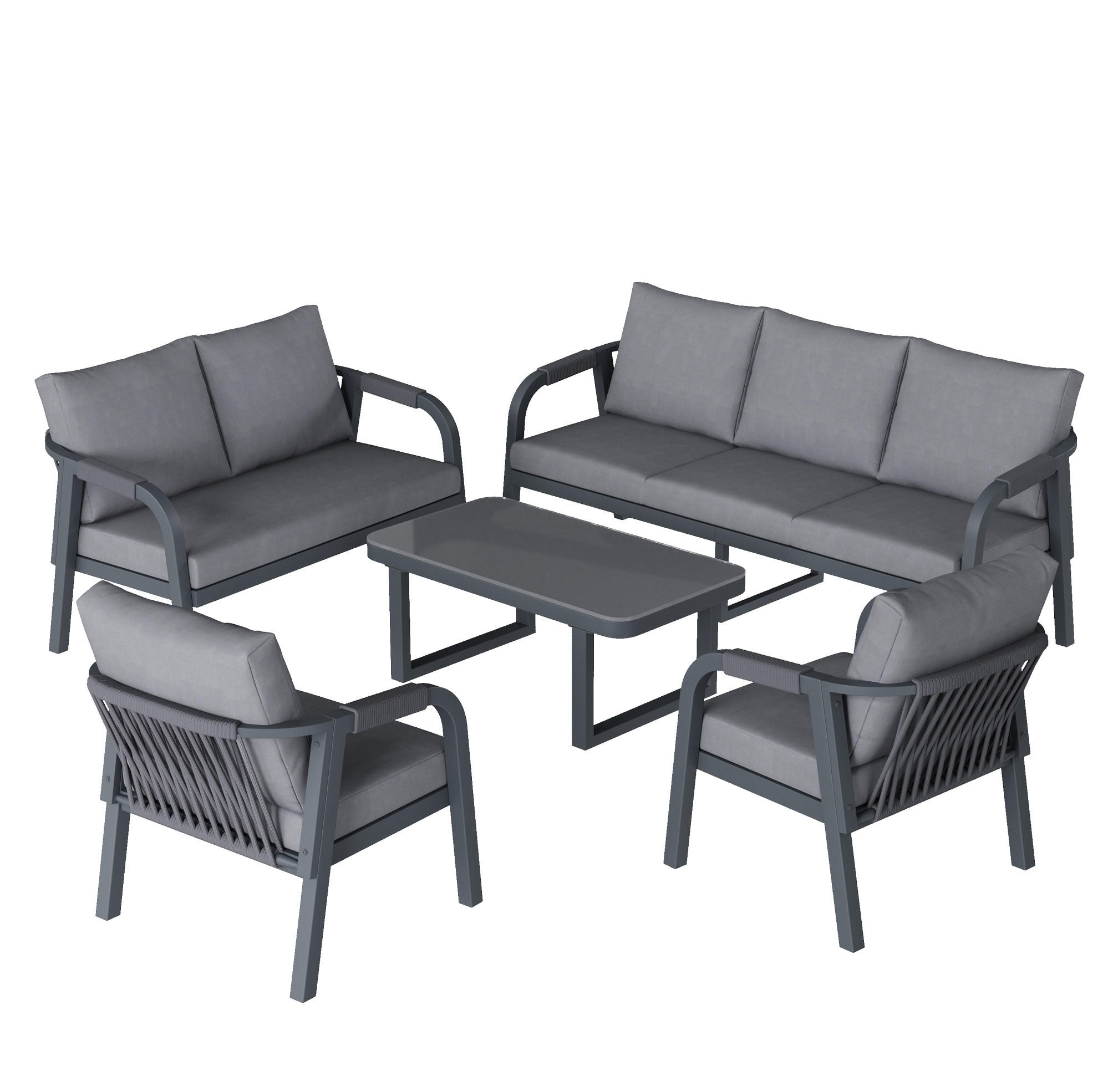 GARTENLOUNGE-SET 172/70/76 cm grau aus Polyester mit Seilgeflecht und Glas-Couchtisch - Grau, Metall - OKWISH