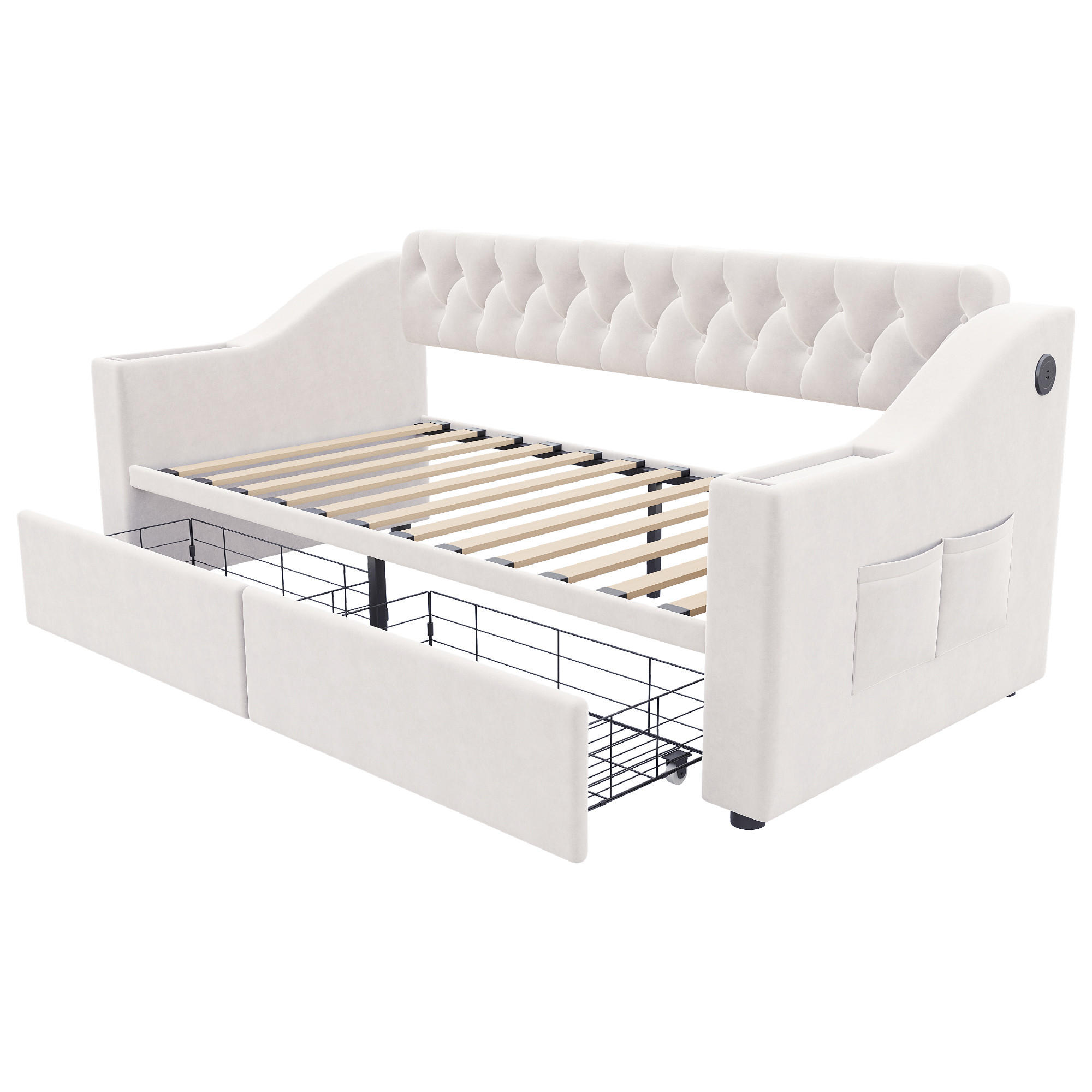 KINDERBETT 90/190 cm DE-02125, in Beige, mit Ablagen und 2 Schubladen - Beige, Metall (90/190cm) - ComfortXL
