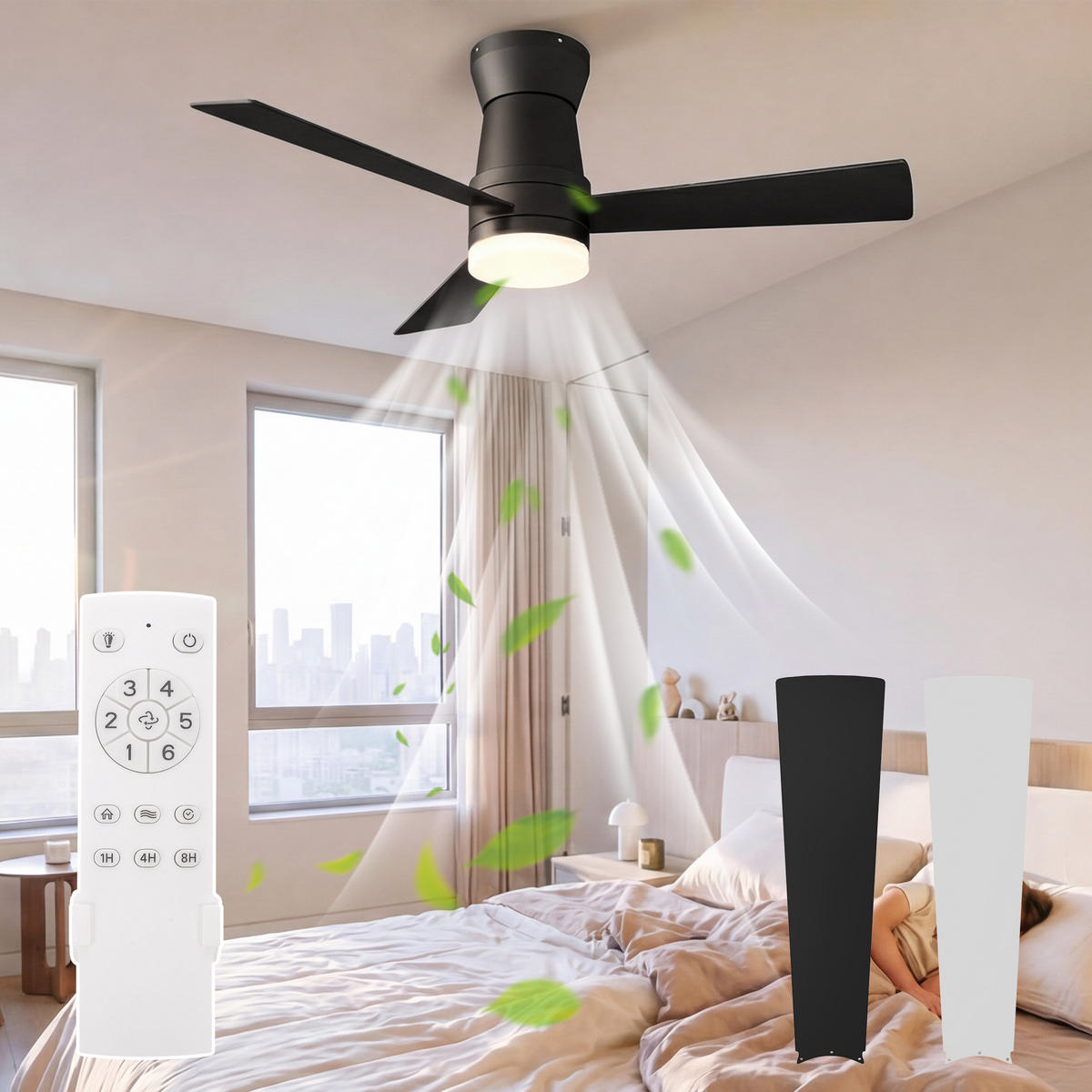 DECKENVENTILATOR mit LED-Licht, 106.6 cm, Weiß, 6 Stufen & Timer - Schwarz, Metall (106.6/106.6/29cm) - EuroLiving