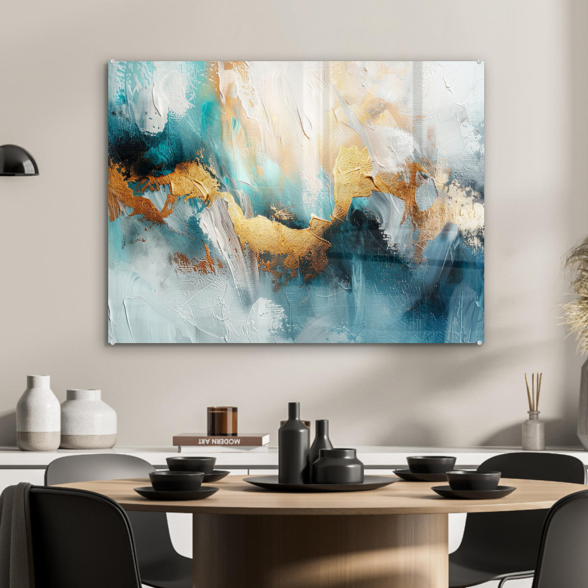 OBRAZ NA AKRYLOVOM SKLE Abstraktné - umenie - zlaté - modré 80x60 cm - petrolejová, sklo (80/60cm) - MuchoWow