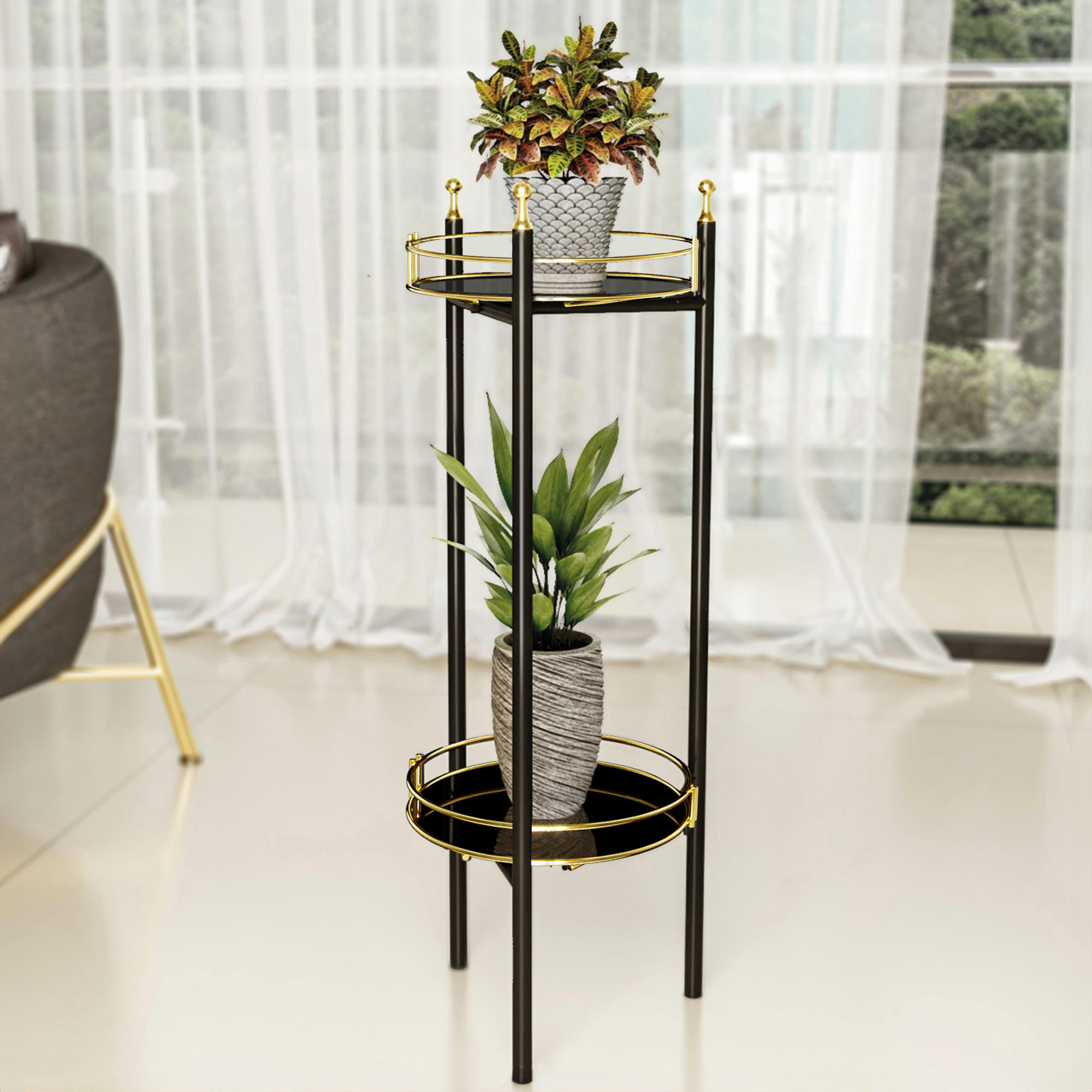 Thumbnail - [en.casa] Pflanzenständer, Gold, Schwarz, Metall, 2 Fächer, 28x79x28 cm, Wohnzimmer, Wohnzimmertische, Blumenständer