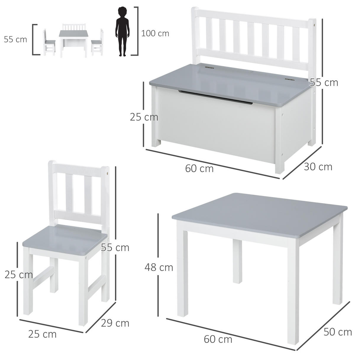 KINDERSITZGRUPPE DE-17498 4-teilig mit Stauraumbank Weiß/Grau - Grau, Holzwerkstoff (59/46/77cm) - ComfortXL