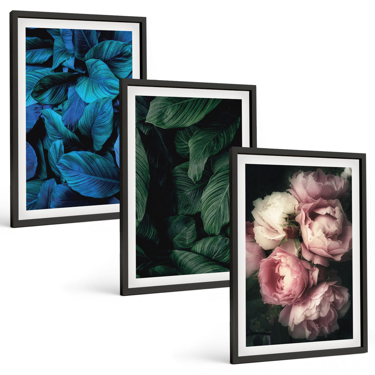 BILDER SET 3er Set - 40x60 cm Schwarzer Rahmen - Blätter, Blüten, verschiedene Farben - Schwarz, Kunststoff (40/60cm) - TULUP