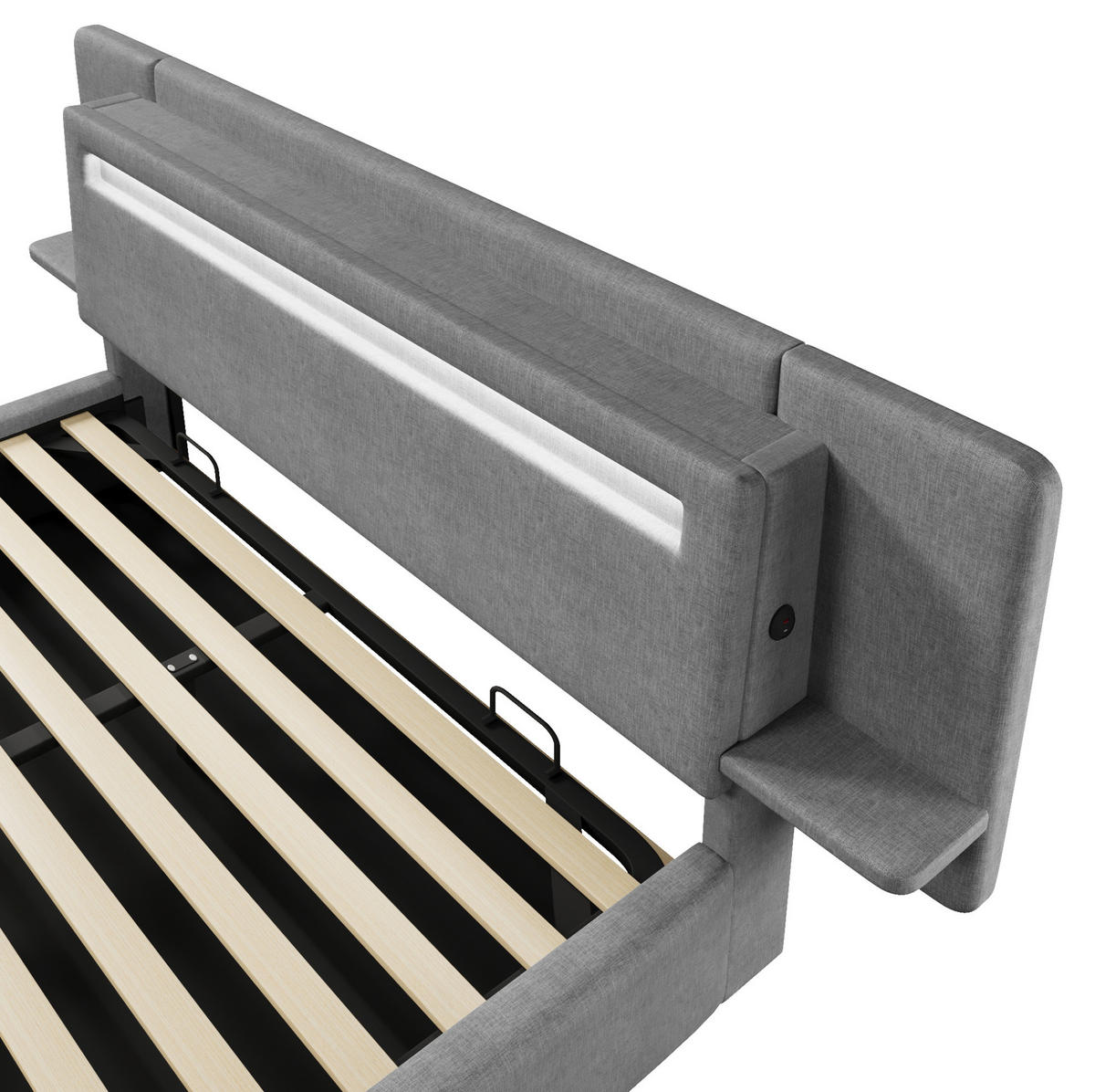POLSTERBETT aus MDF und Leinen 180x200 cm Grau mit Bettkasten, LED-Beleuchtung, Nachttisch und USB-Anschluss - Grau, Textil (180/200cm) - Modfu