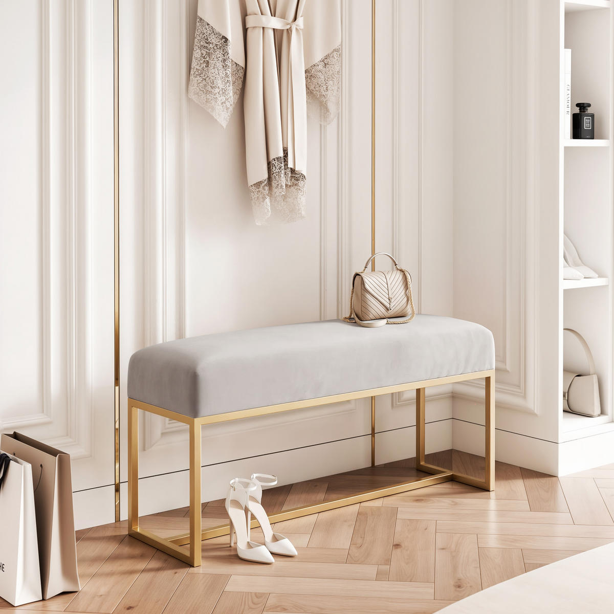 POLSTERBANK MUSE 100 cm Gold / Grau ,Metallgestell - Grau, Metall (100/47/30cm) - Idohome