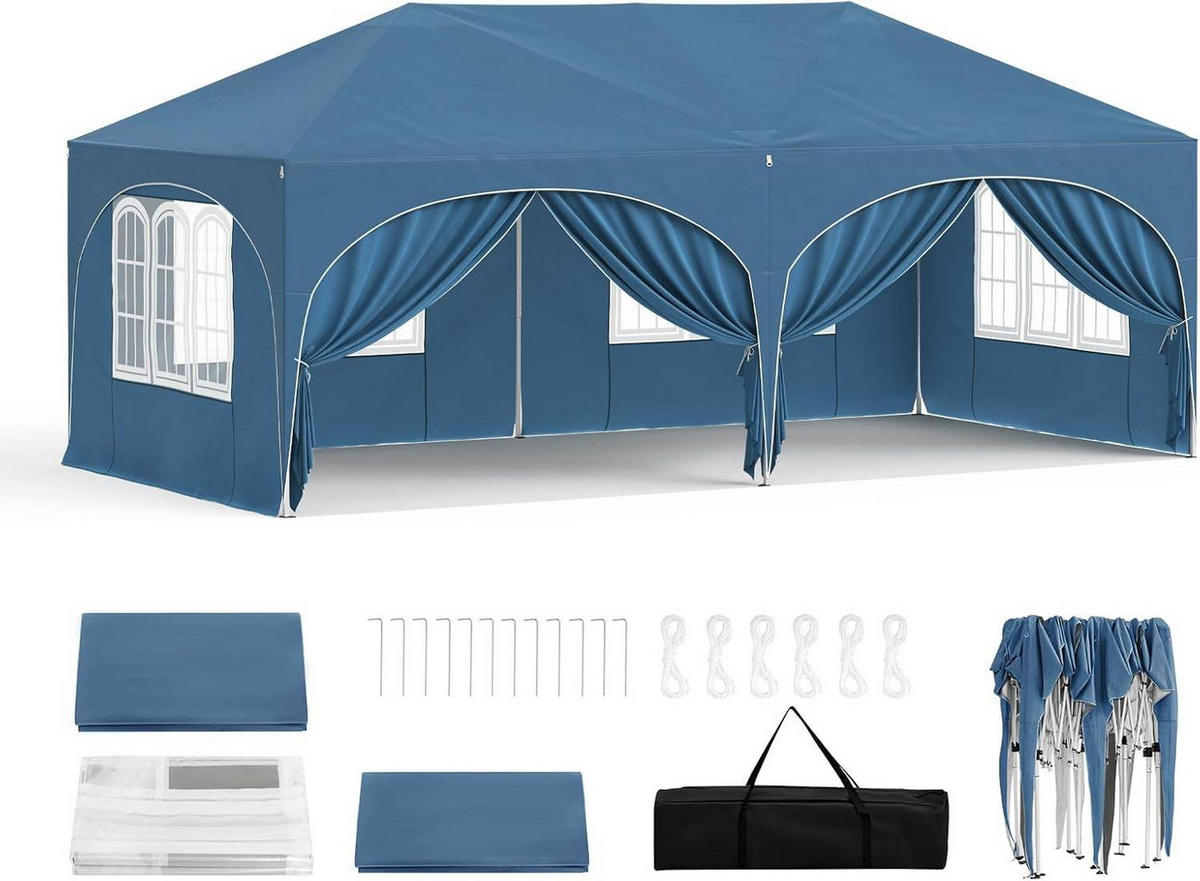 PAVILLON, Faltpavillon 3x6 m, mit 6 Seitenwänden, Grün - Blau, Metall (300/250/600cm) - Woltu