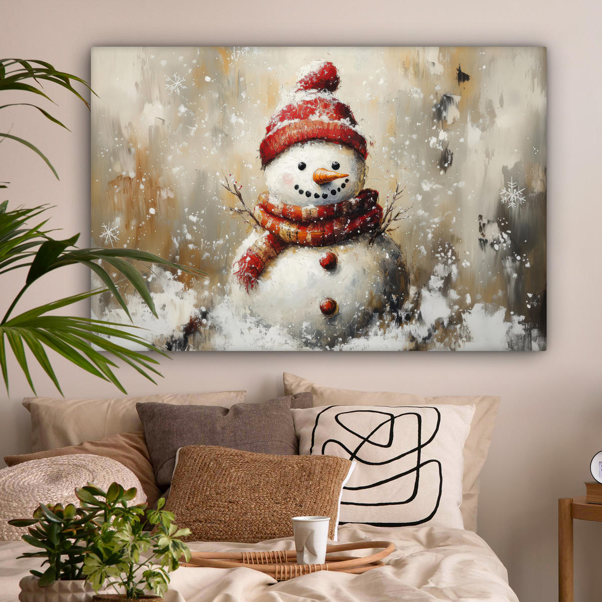 LEINWANDBILD Schneemann - Winter - Schnee - Beige Wohnzimmer Groß 120x80 cm - Weiß, Textil (120/80cm) - MuchoWow