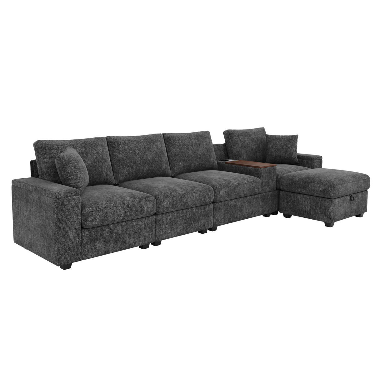 ECKSOFA 313/147/82 cm aus Chenille mit Stauraum, USB/Typ-C und drehbarem Couchtisch Grau - Grau, Textil (147/313cm) - Modenvie