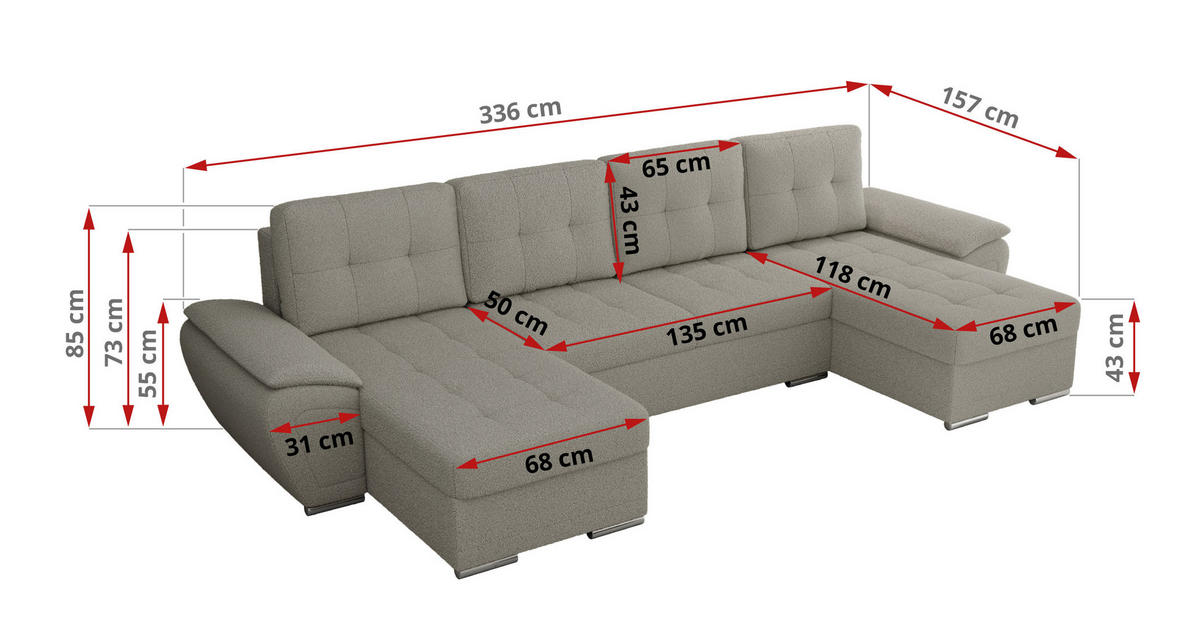 WOHNLANDSCHAFT UMBRIA U Hellgrau Boucle - Hellgrau/Grau, Textil/Metall (336/85/157cm) - MKS