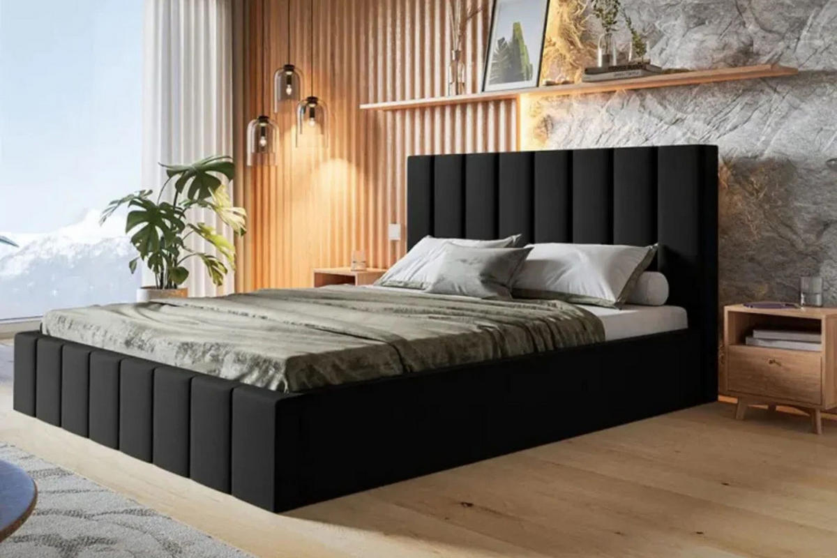 POLSTERBETT SIM 10 mit Kopfteil, 140 x 200 cm mit Bettkasten und Lattenrost aus Holz, Velourstoff, Farbe: Schwarz - Schwarz, Holz/Kunststoff (140/200cm) - Sepro Meble