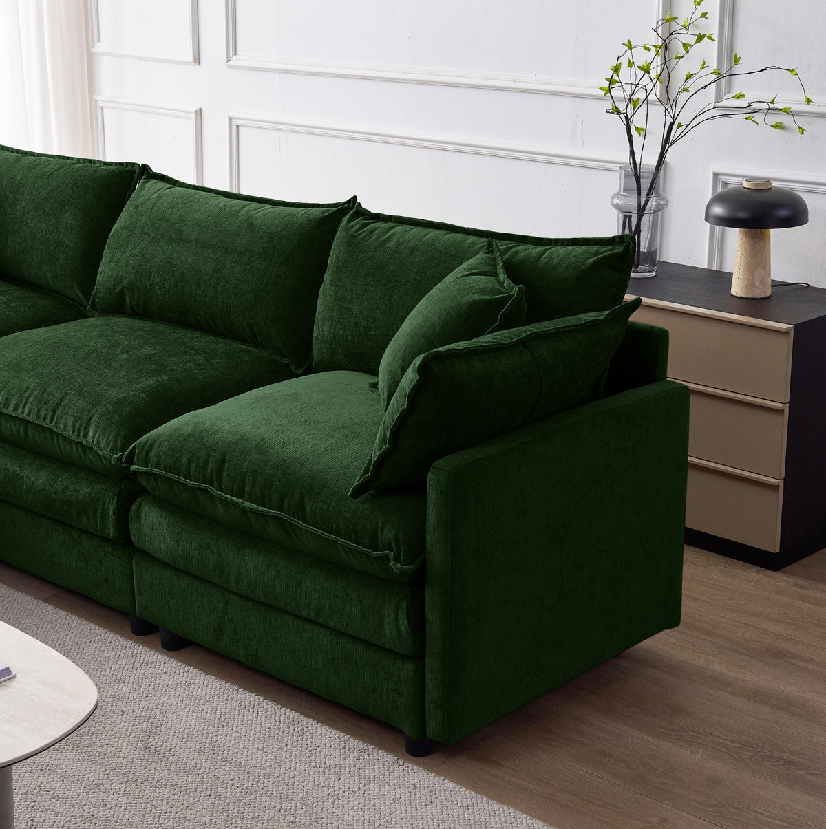 ECKSOFA mit Hocker, modulares 3-Sitzer-Sofa aus Chenille mit Federkern und Massivholzgestell, Grün - Grün, Textil (267/154cm) - Redom