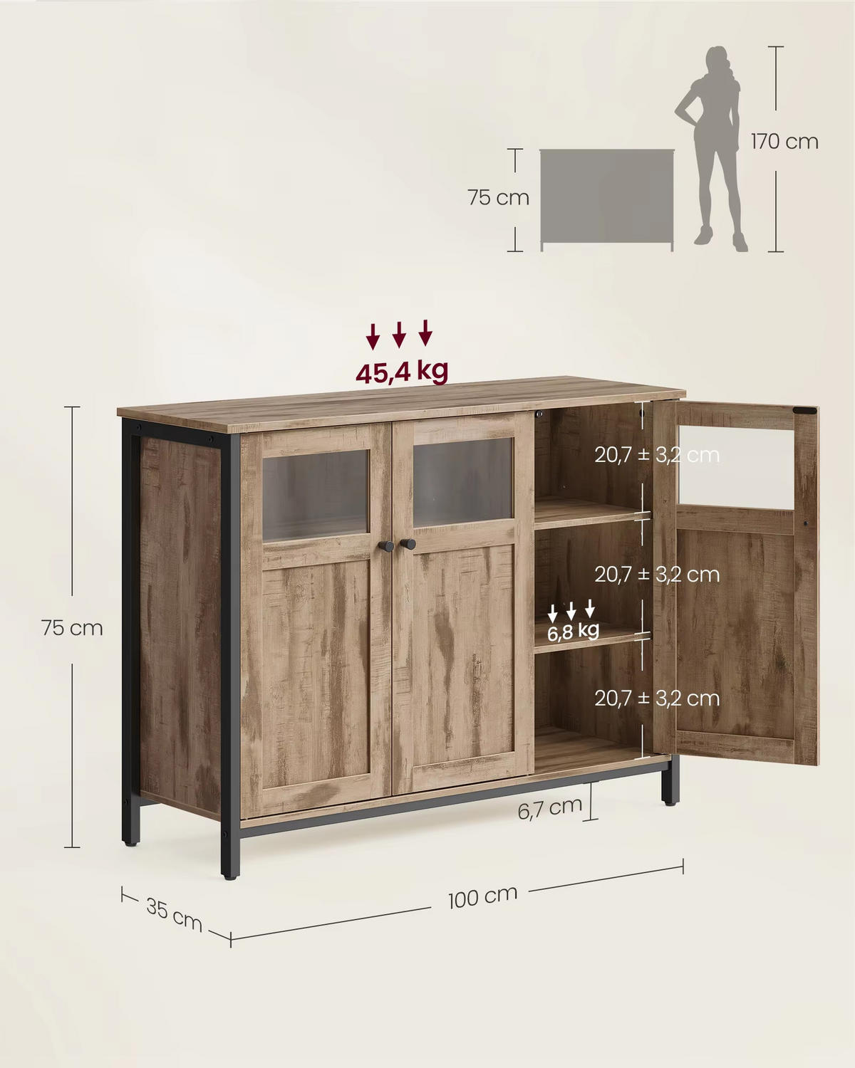 SIDEBOARD 100/75/35 cm Glastüren Stahlrahmen - Braun, Holz (100/75/35cm) - Kaket