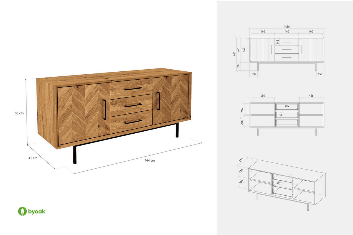 KOMMODE BREIT LEON Wildeiche - Wildeiche, Holz (144/65/45cm) - byoak