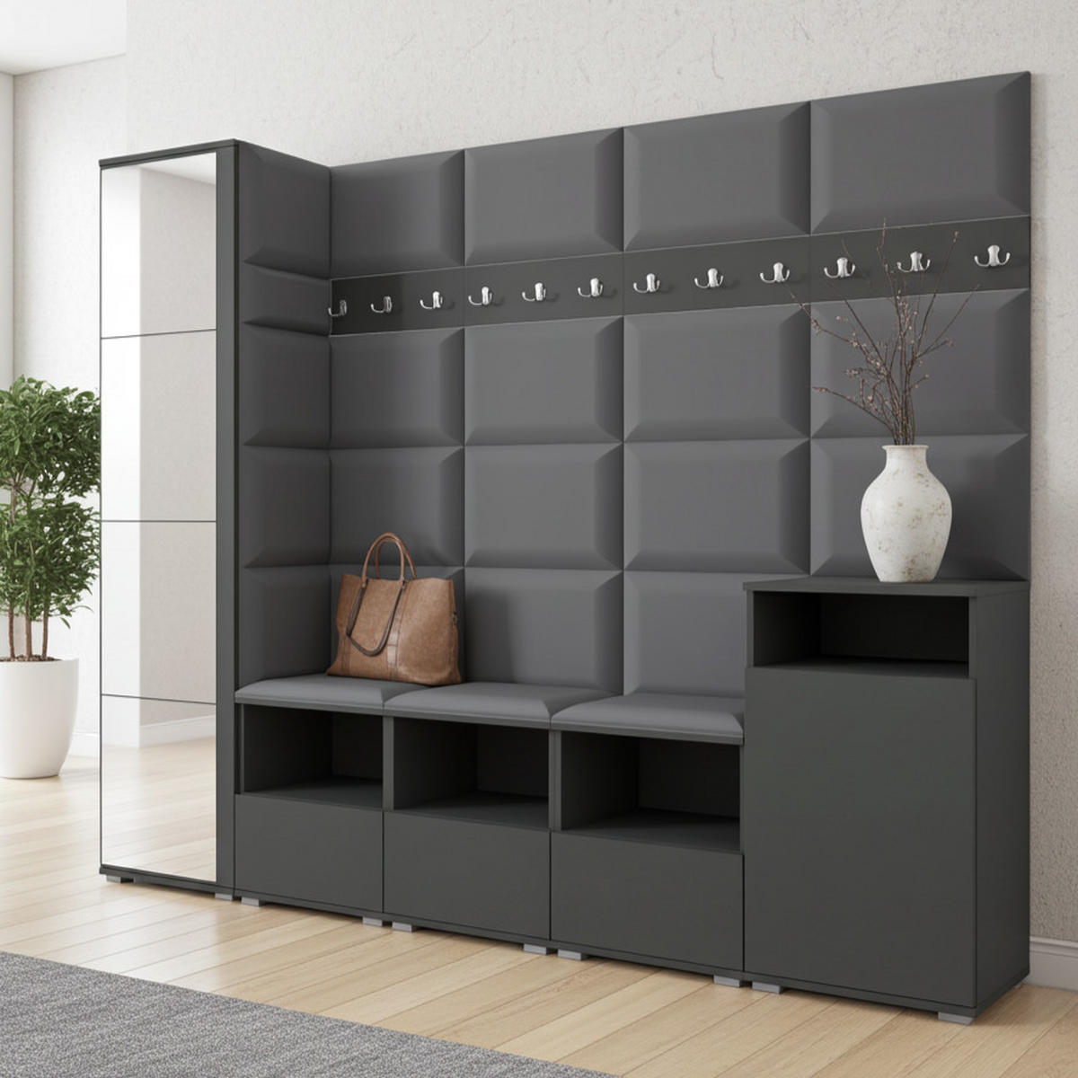 GARDEROBE NELA XI 250 cm (Modulare Flurmöbel Graphit mit Spiegel & Sitzpolster Dunkelgrau 15 Großes Set) - Dunkelgrau/Silberfarben, Holz/Holzwerkstoff (250/187/40cm) - Ravio