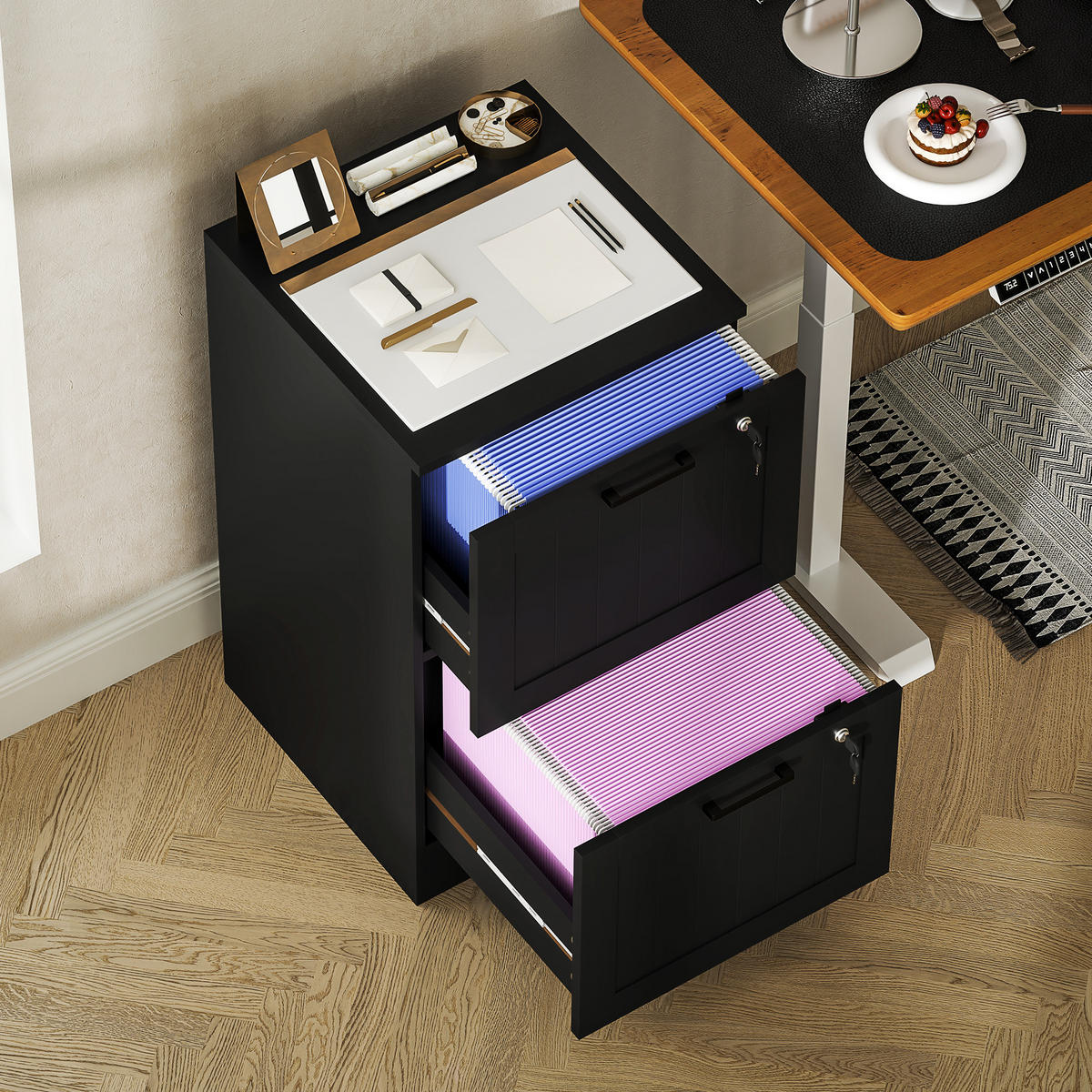 ROLLCONTAINER DE-14478 2 abschließbare Schubladen Schwarz - Schwarz, Holzwerkstoff (40/71/40cm) - ComfortXL