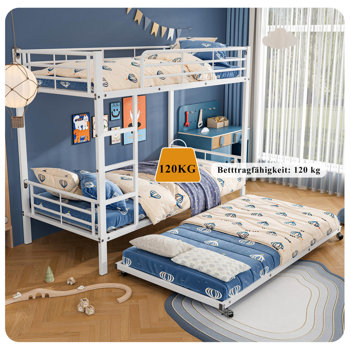 ETAGENBETT 90/200 cm in Weiß aus Metall mit Ausziehbett 90/190 cm - Weiß, Metall (90/190cm) - Flora Grace