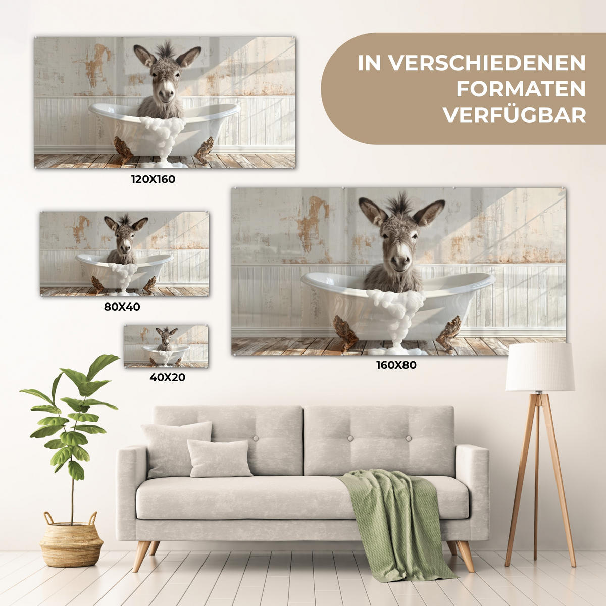 ACRYLGLASBILD Esel - Tiere - Badewanne - Schaumstoff 120x60 cm - Weiß, Glas (120/60cm) - MuchoWow