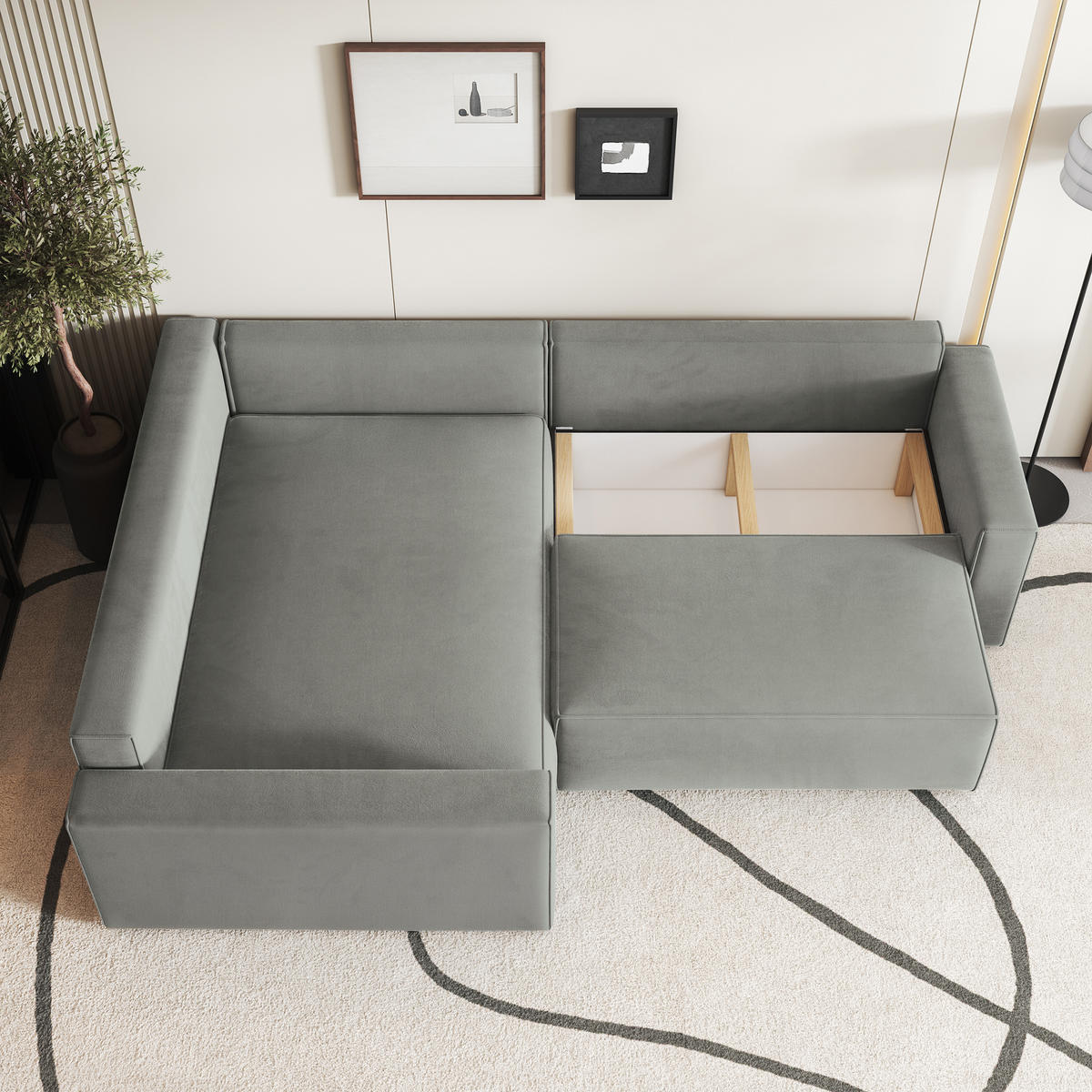 ECKSOFA ERONIS L-S Lila Velours-Stoff mit Schlaffunktion - Lila, Holz (265/194cm) - MASSENO
