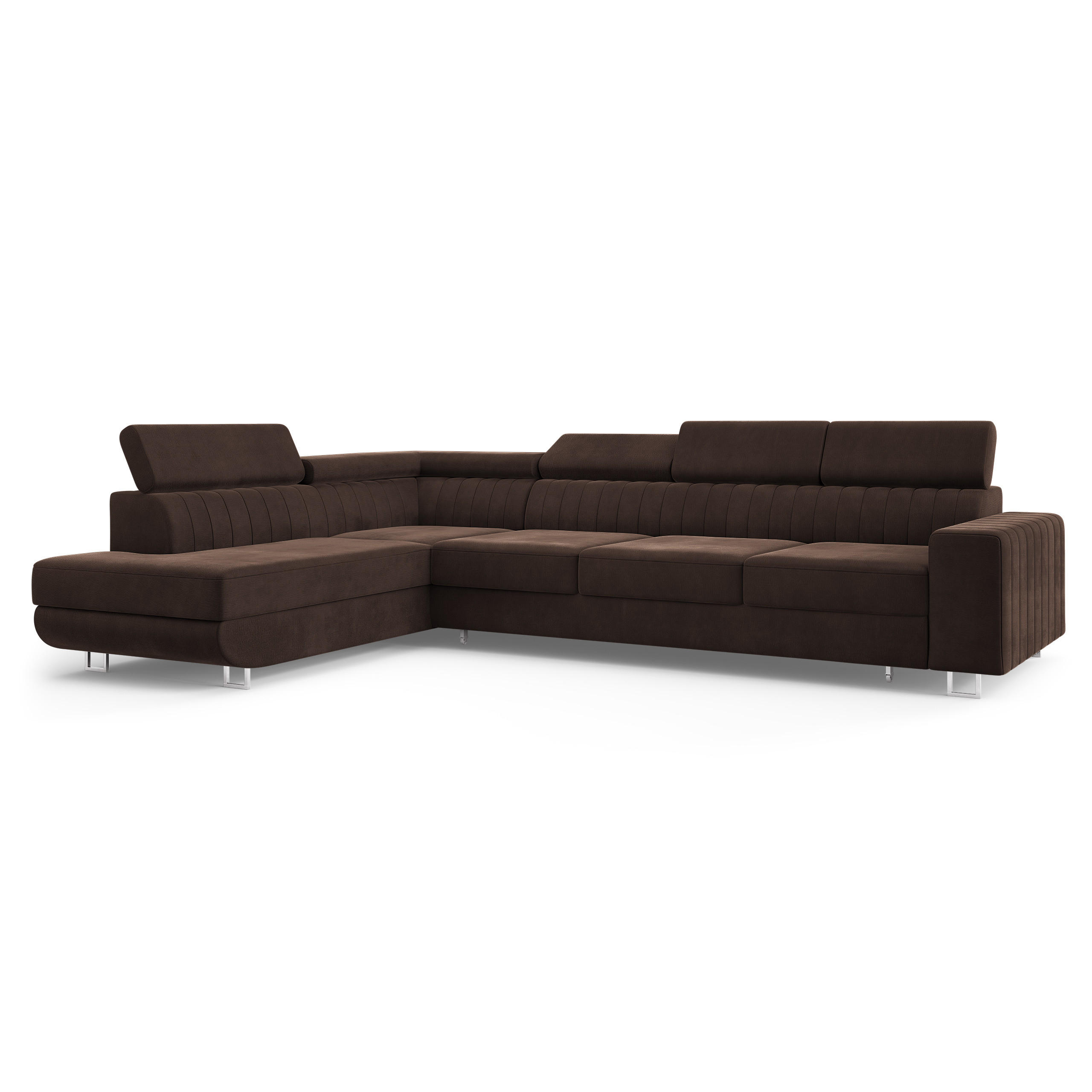 ECKSOFA HESTION Braun Velours-Stoff mit Schlaffunktion - Braun, Holz (332/190cm) - MASSENO