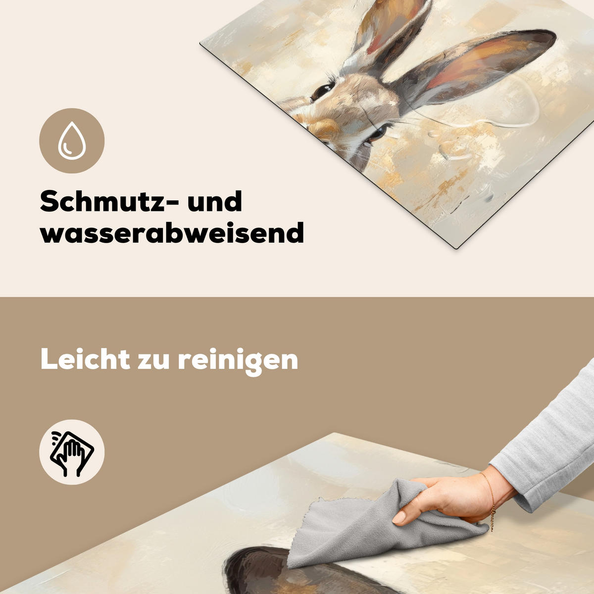 HERDABDECKPLATTE Hase - Ohren - Braun Herdabdeckung Induktionsfeld 65x52 cm - Beige, Kunststoff (65/52/0.2cm) - MuchoWow