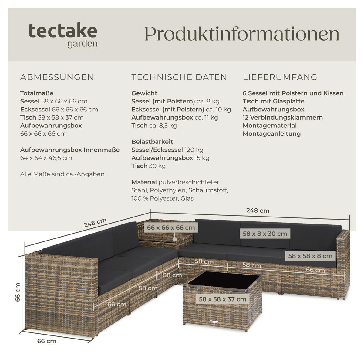 RATTANLOUNGE Verona,mit Sicherheitsglasplatte,natur - Naturfarben, Kunststoff - tectake