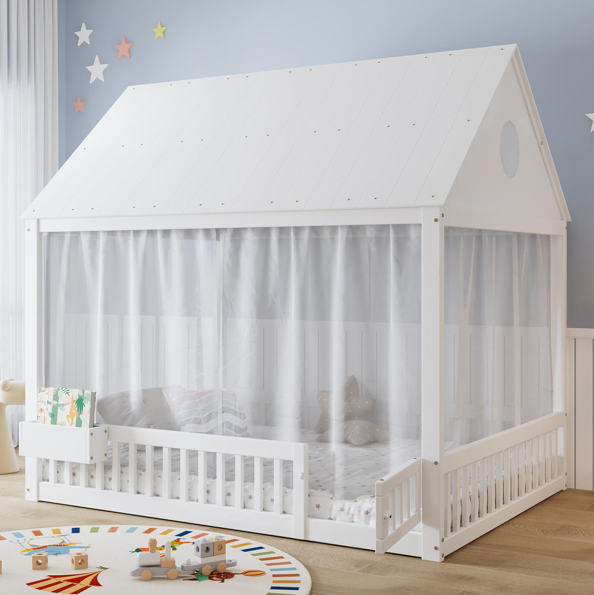 DETSKÁ posteľ 140/200 cm biela s úložným priečinkom a závesmi z masívneho dreva a MDF - biela, drevo (140/200cm) - OKWISH