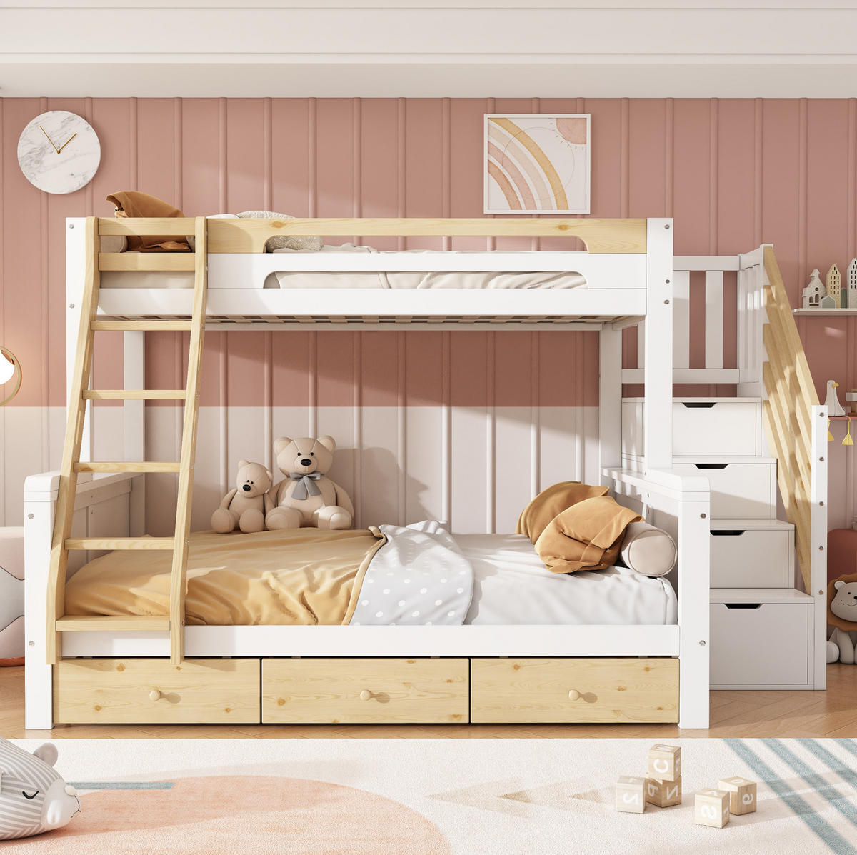 FAMILIEN-ETAGENBETT 90x200/140x200 cm in Weiß und Natur mit Stauraumtreppe - Weiß, Holz (90/200cm) - IVMEU