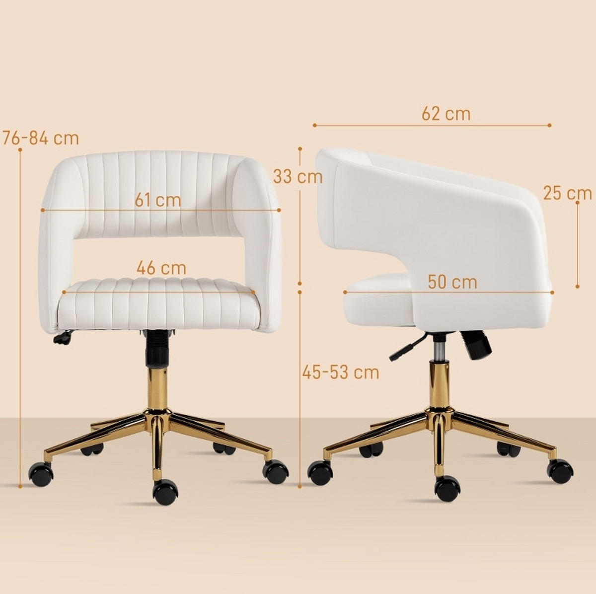DREHSTUHL 61/62/76-84 cm, höhenverstellbar und wippend, gepolstert in Samtoptik, cremeweiß - Creme, Kunststoff (61/84/62cm) - Redom