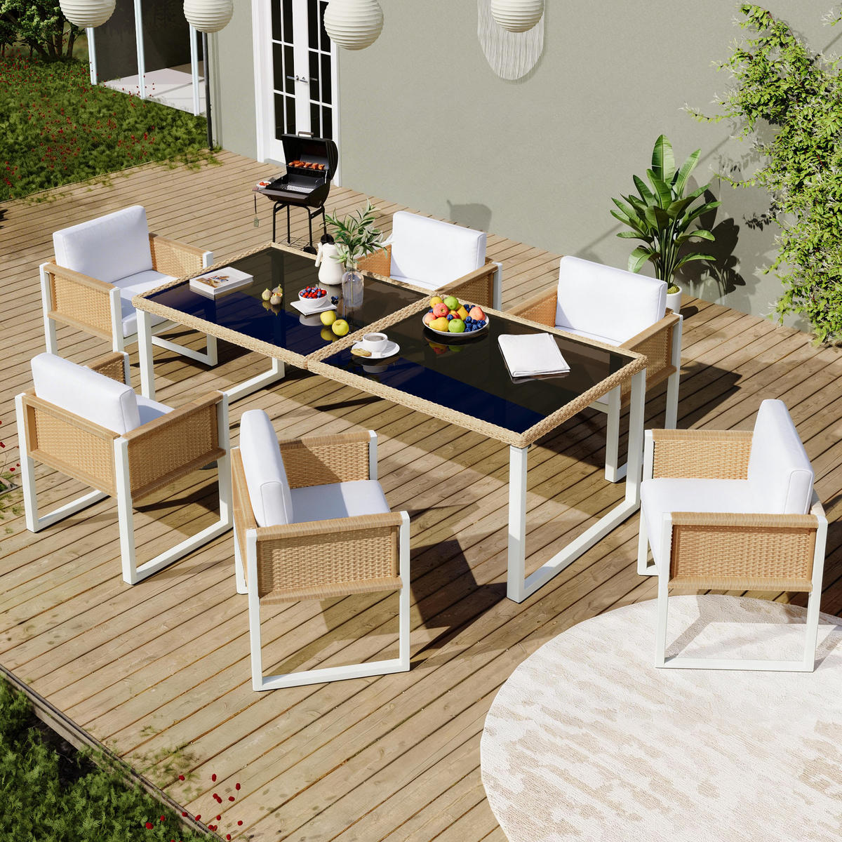 GARTEN-ESSGRUPPE 170/80/75 cm braun/weiß aus PE-Rattan mit 6 Stühlen - Braun, Naturmaterialien - OKWISH