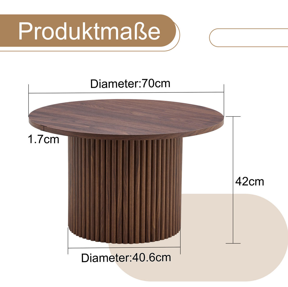 COUCHTISCH 70/70/42 cm mit runder Tischplatte, kanneliertem Sockel und Metallrahmen aus MDF, Walnussfarben - Walnussfarben, Holzwerkstoff (70/70/42cm) - Redom