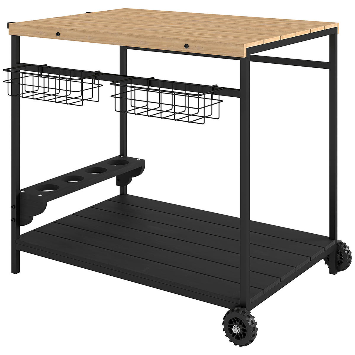 SERVIERWAGEN DE-07749 2 Etagen, 4 Flaschenhalter, Schwarz - Naturfarben, Metall (65/81/97.5cm) - ComfortXL