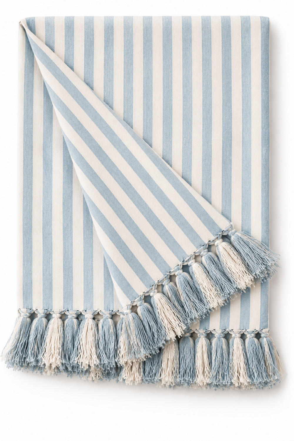 WOHNDECKE Baumwolle 130x180 cm Mit Fransen – Blaue Streifen - Blau, Naturmaterialien (130/180cm) - AU Maison