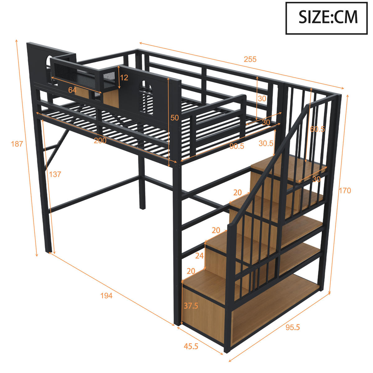HOCHBETT aus Metall und MDF 90x200 cm Schwarz mit Lichtleiste, Stauraumleiter und Ablagefach - Schwarz, Metall (90/200cm) - Modfu
