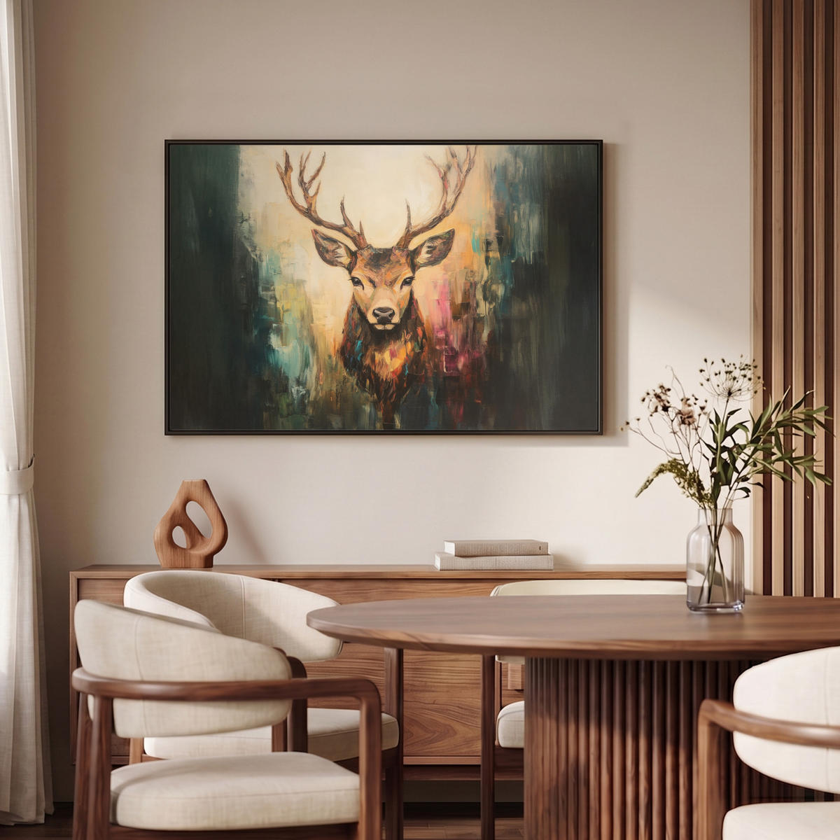 LEINWAND Bilder mit Rahmen - Hirsch - Gemalt - Geweih - Braun - 90x60 - Haselnussfarben, Textil (90/60cm) - MuchoWow