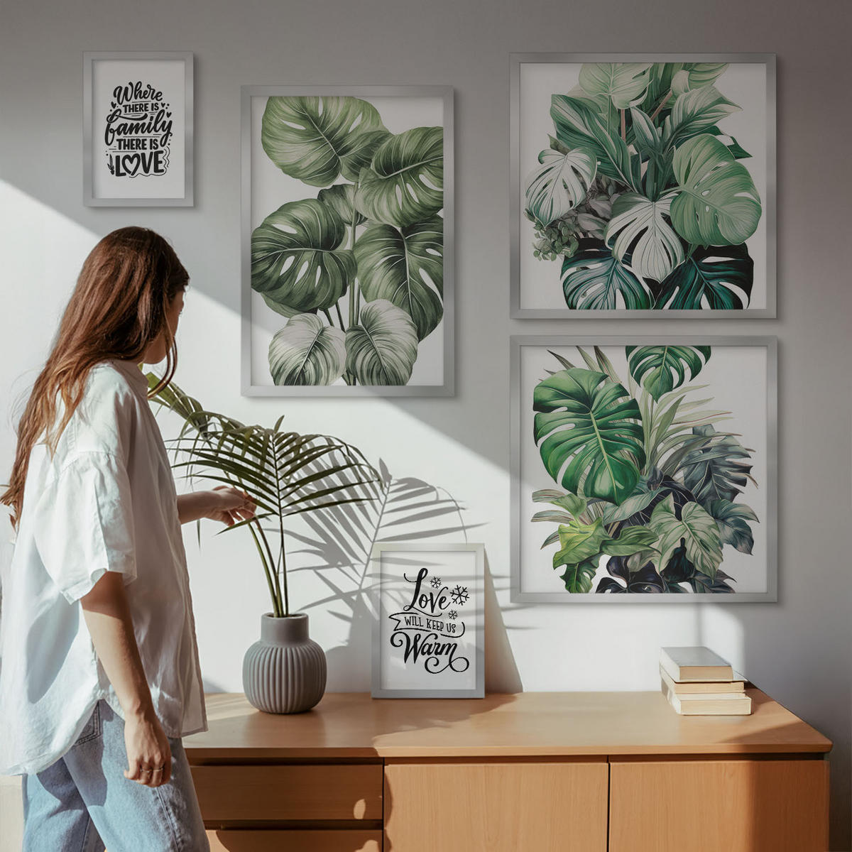 WANDBILDER 5er Set - 50x50 cm & 20x30 cm & 40x60 cm Silberner Rahmen - Gemalte Abstraktionen der Natur - Silberfarben, Kunststoff (40/60cm) - ArtPrintCave