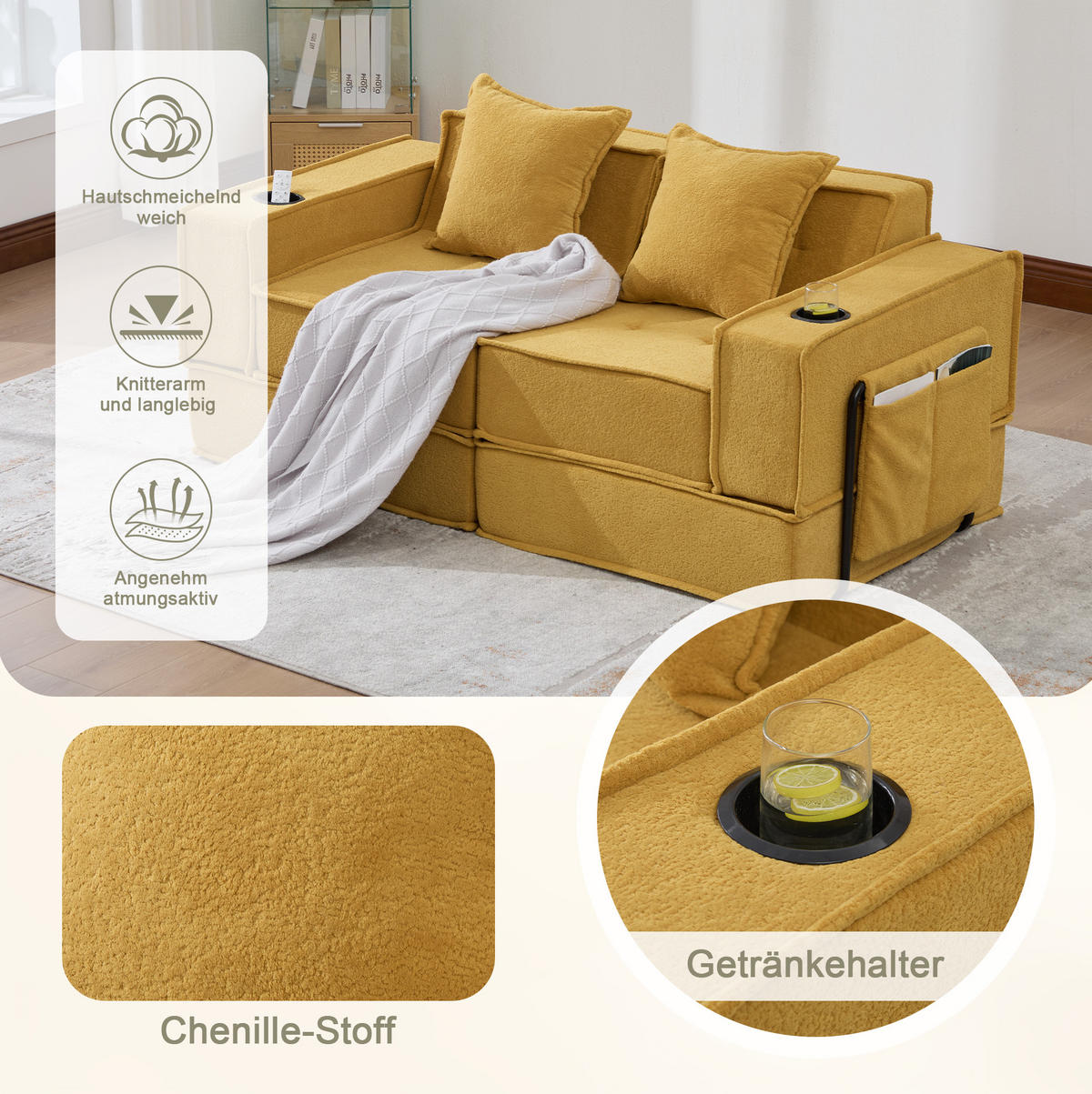 2-SITZER-SOFA 162/78/66 cm mit 2 Kissen, Seitentaschen und modularer Chenille-Polsterung, Senfgelb - Gelb, Textil (162/66/78cm) - Redom