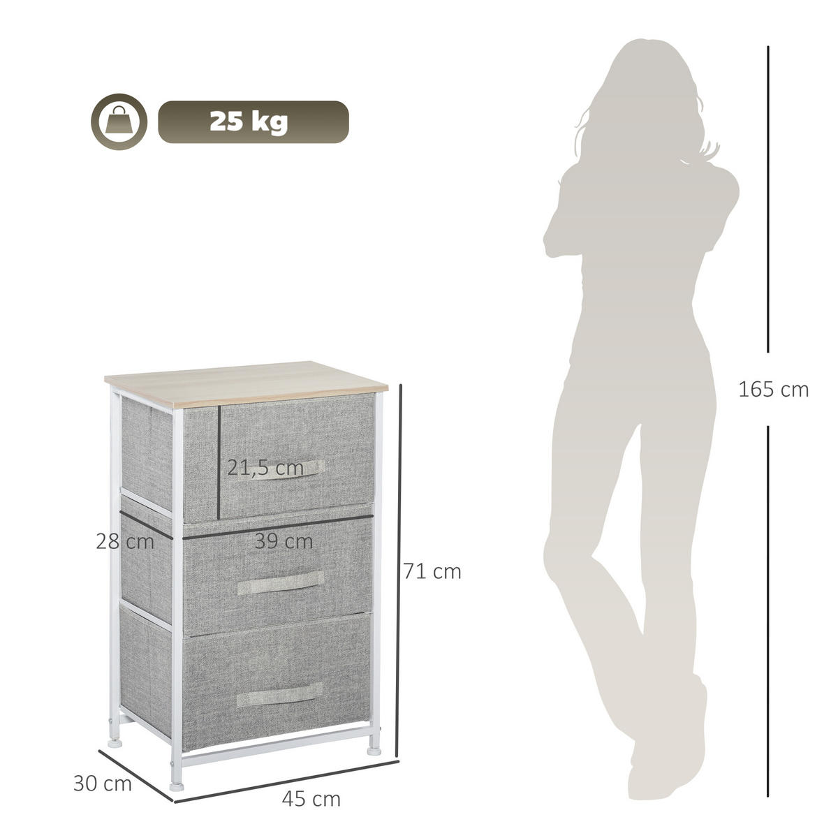 KOMMODE DE-12474 3 Schubladen 45/30/71 cm Grau - Grau, Holzwerkstoff (45/71/30cm) - ComfortXL