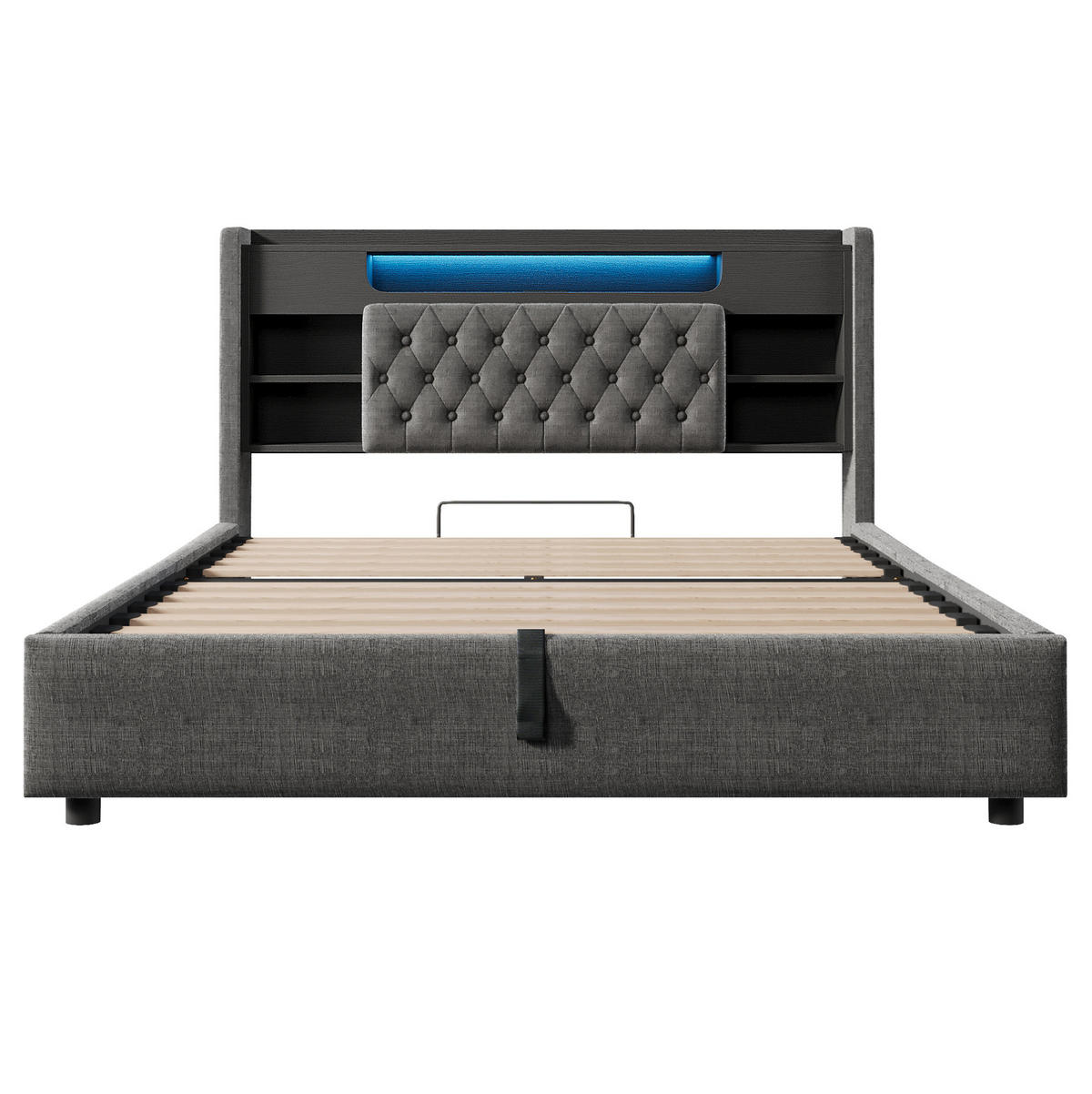 ČALOUNĚNÁ postel 140/200 cm s LED, USB-C, úložným prostorem a lněným čelem, Šedá - šedá, textil (140/200cm) - Redom