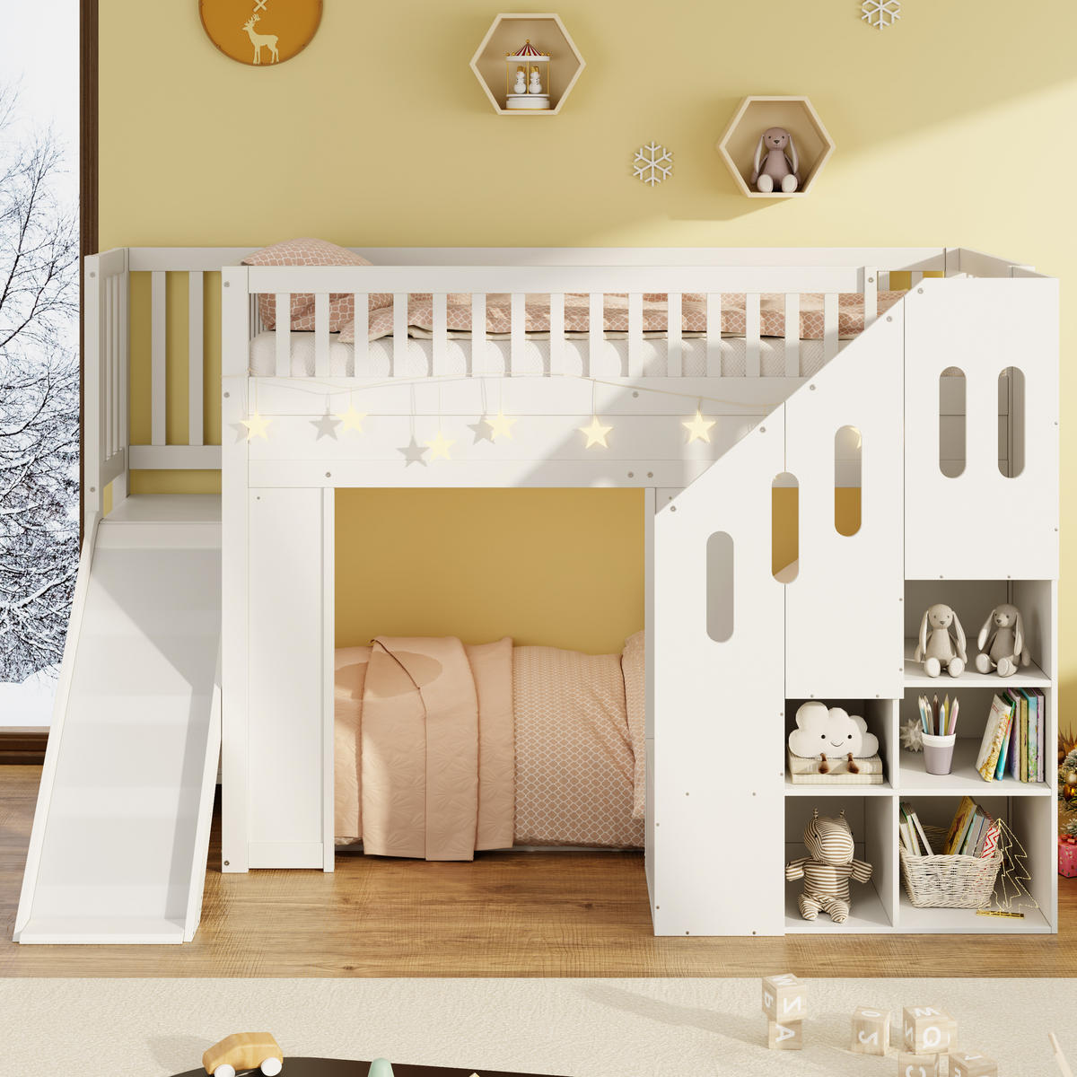 HOCHBETT 90/200 cm in Weiß Kinderbett mit Rutsche, Stauraumtreppe und LED - Weiß, Holzwerkstoff (90/200cm) - STILVORA