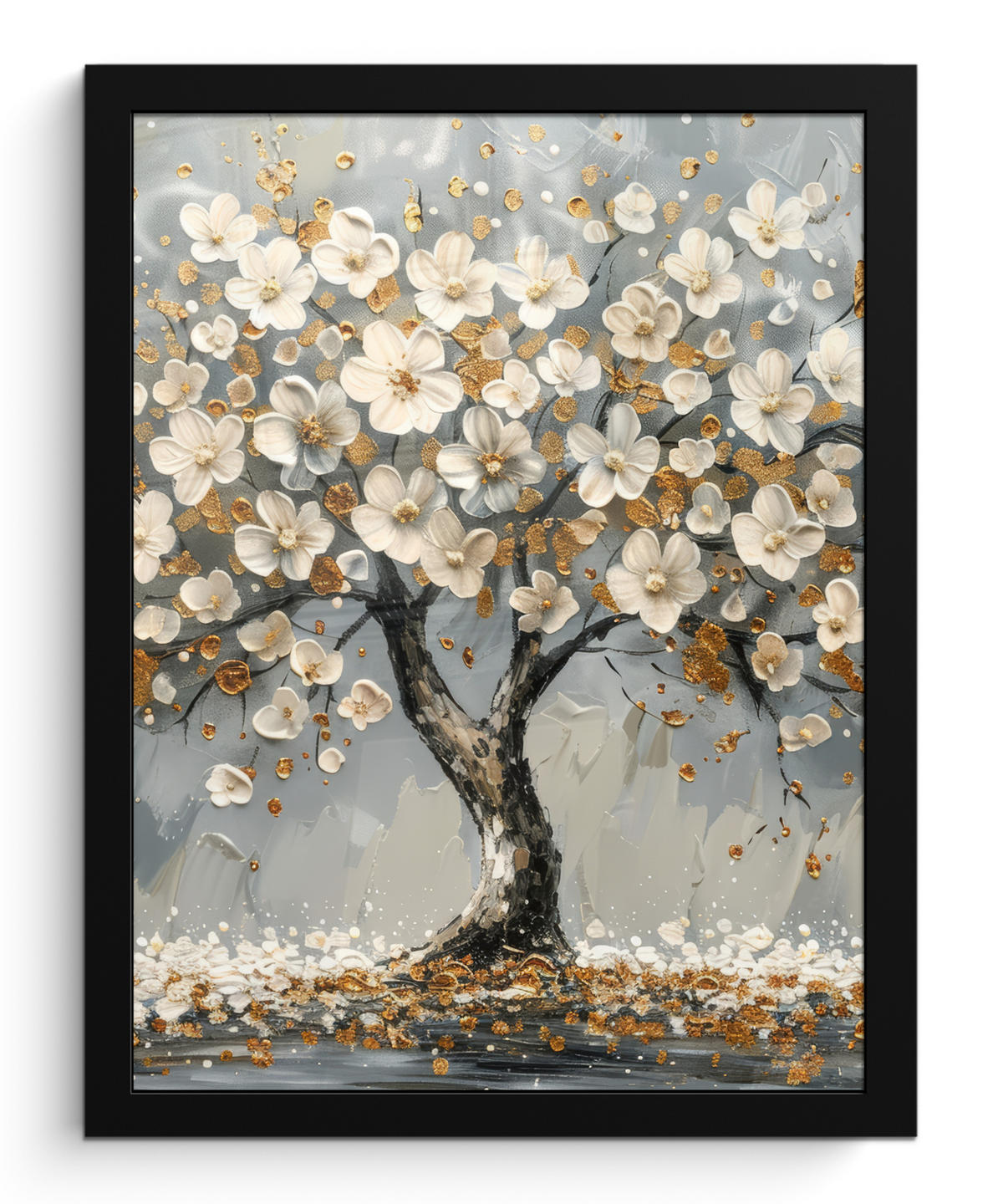 GERAHMTES BILD Baum - Blumen - Weiß - Natur - Kunst 30x40 cm - Weiß, Papier (30/40cm) - MuchoWow
