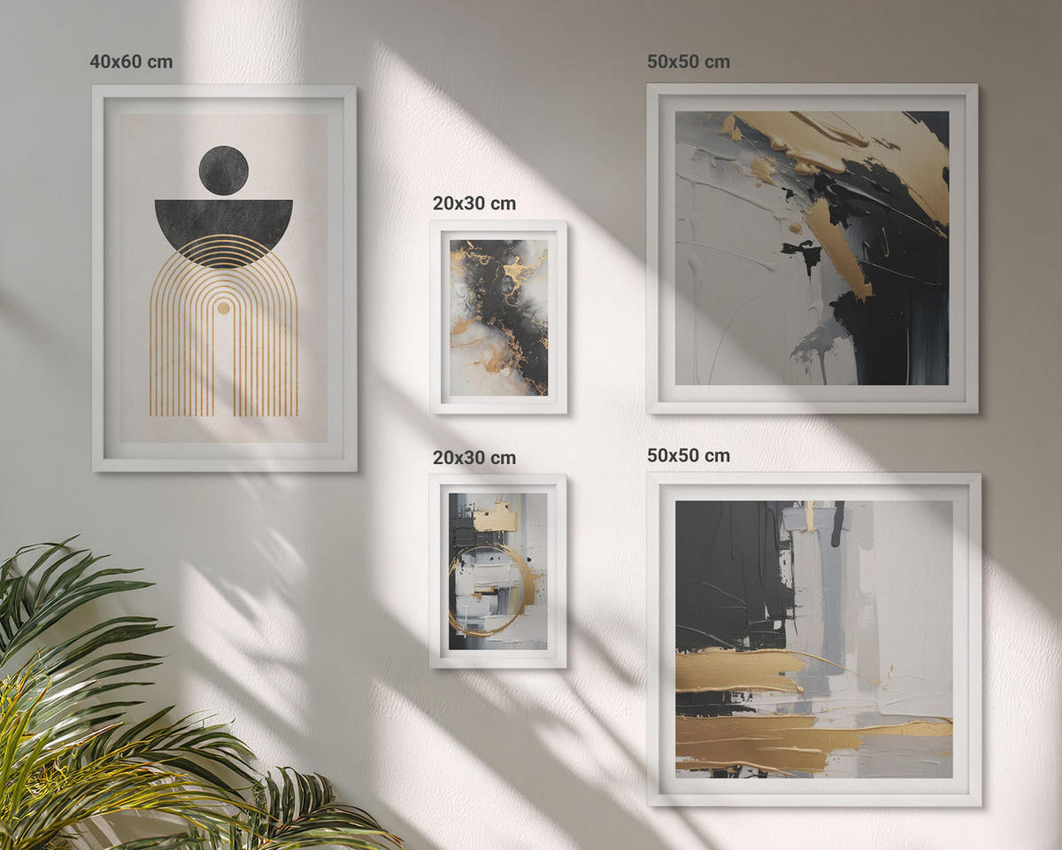 BILDER SET 5er Set - 50x50 cm & 20x30 cm & 40x60 cm Weißer Rahmen - Abstrakte Geometrie-Komposition - Weiß, Kunststoff (40/60cm) - TULUP