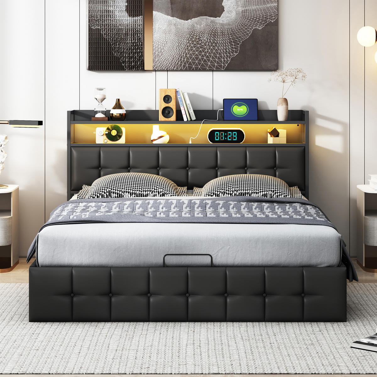 BETT mit Bettkasten 140x200 cm mit LED und USB, Polsterbett 140x200, Doppelbett 140x200 mit Stauraum, Lattenrost, Kopfteil, Schwarz PU - Schwarz, Textil/Metall (140/200cm) - GENKI LIVING