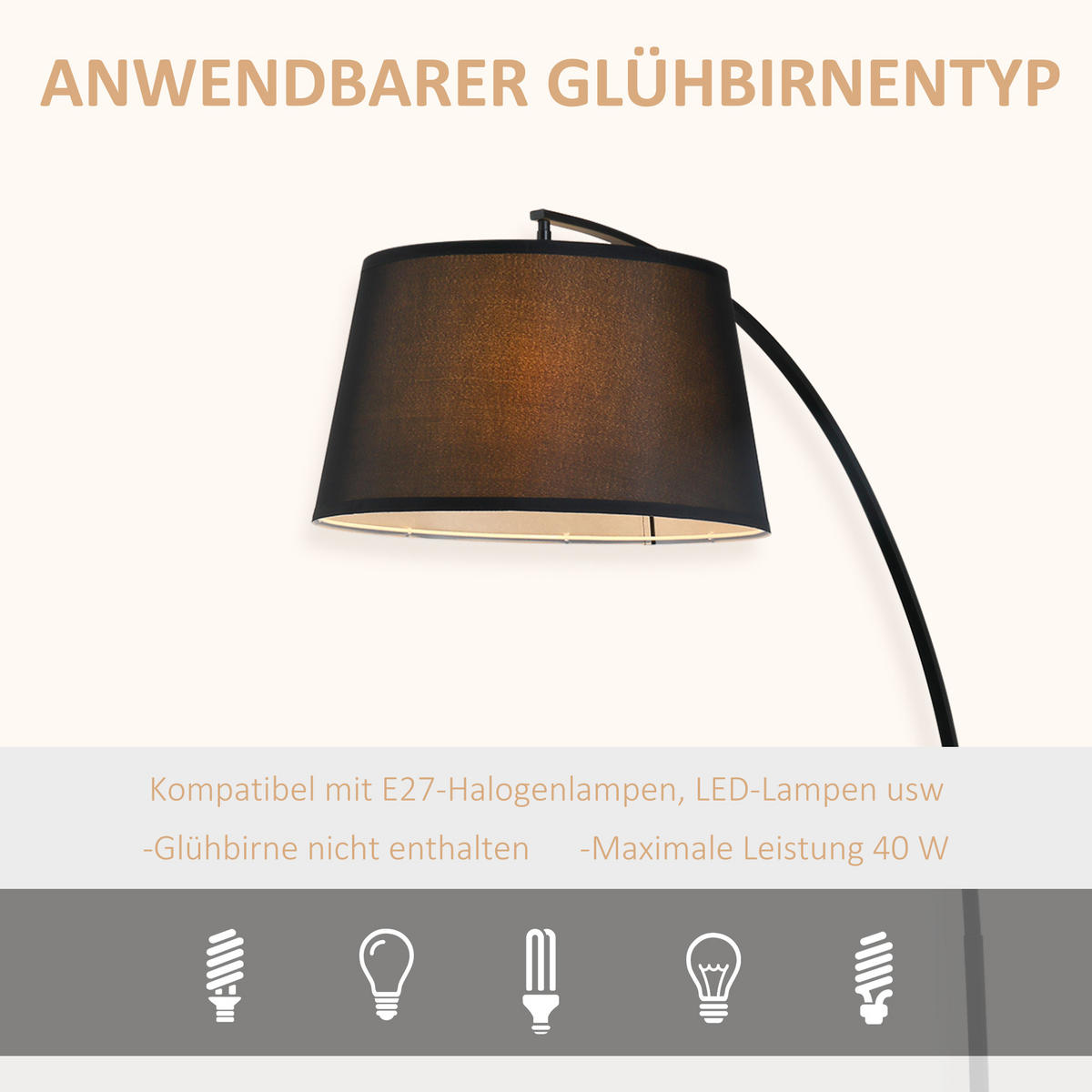 STEHLAMPE mit Lampenschirm aus Stoff, Fußschalter, Schwarz - Schwarz, Metall (47/105/190cm) - HOMCOM