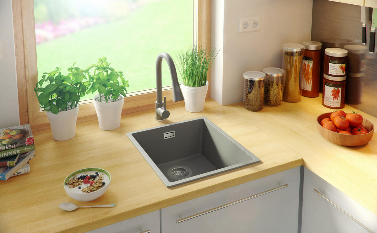 GRANITSPÜLE London Slim, 2-er set Grau 41/47 cm 1 Becken + Küchenarmatur 40/20 cm + Ablauf-Set ab 45er Unterschrank - Grau, Kunststoff (41/20/47cm) - Primagran