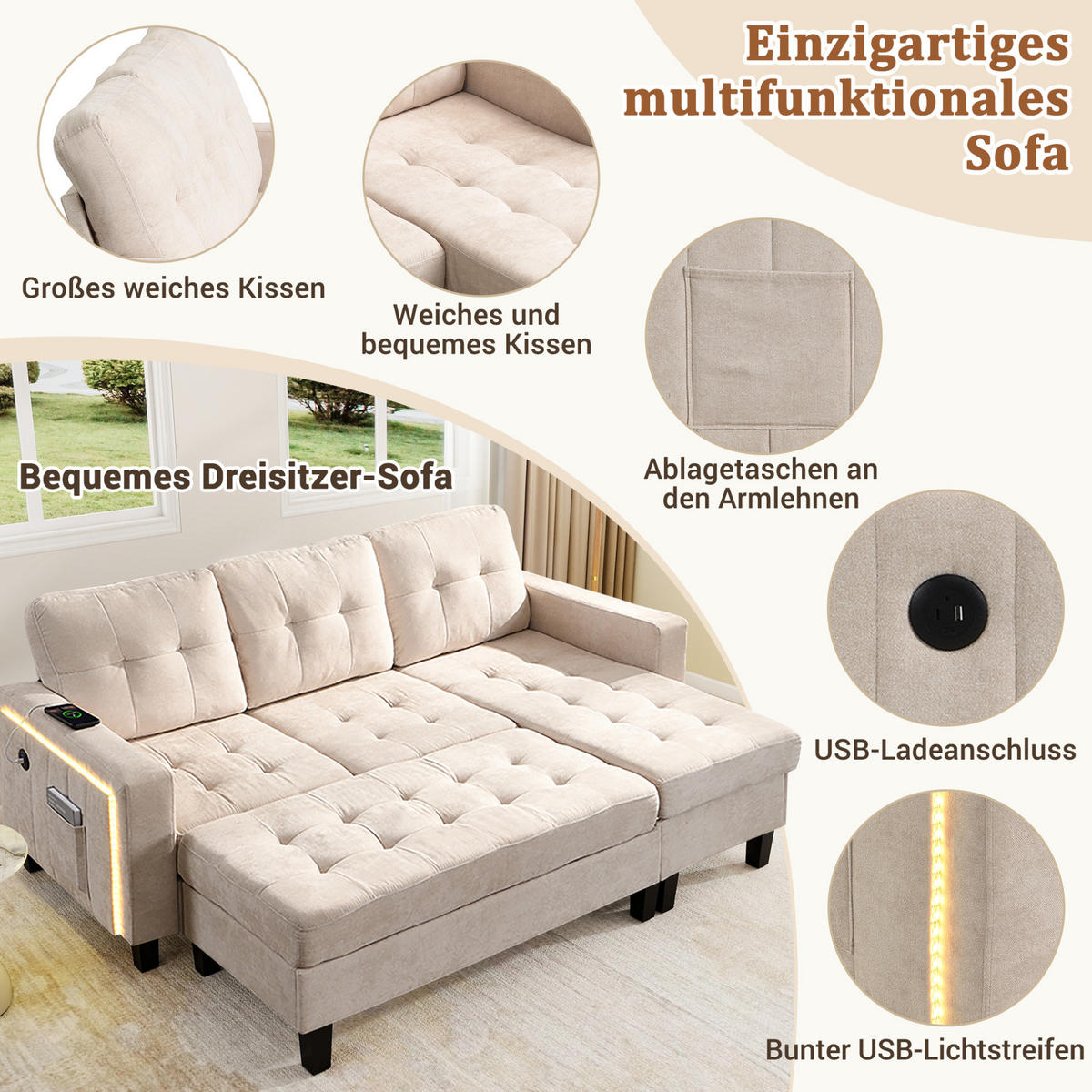 ECKSOFA 185/135/85 cm beige aus Chenille mit LED, USB und Fußhocker - Beige, Kunststoff (135/185cm) - OKWISH
