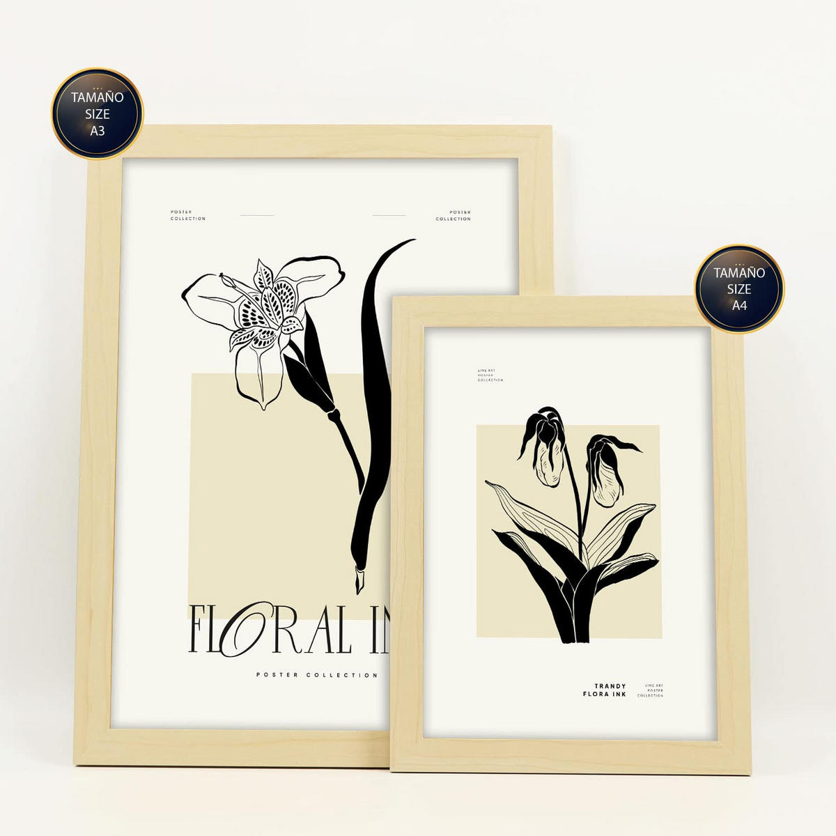 POSTER Set Mit 6 In Schwarzer Tinte Tropische Orchideen A3 & A4 Rahmen Aus Hellem Holz - Beige, Papier (29/3cm) - Nacnic
